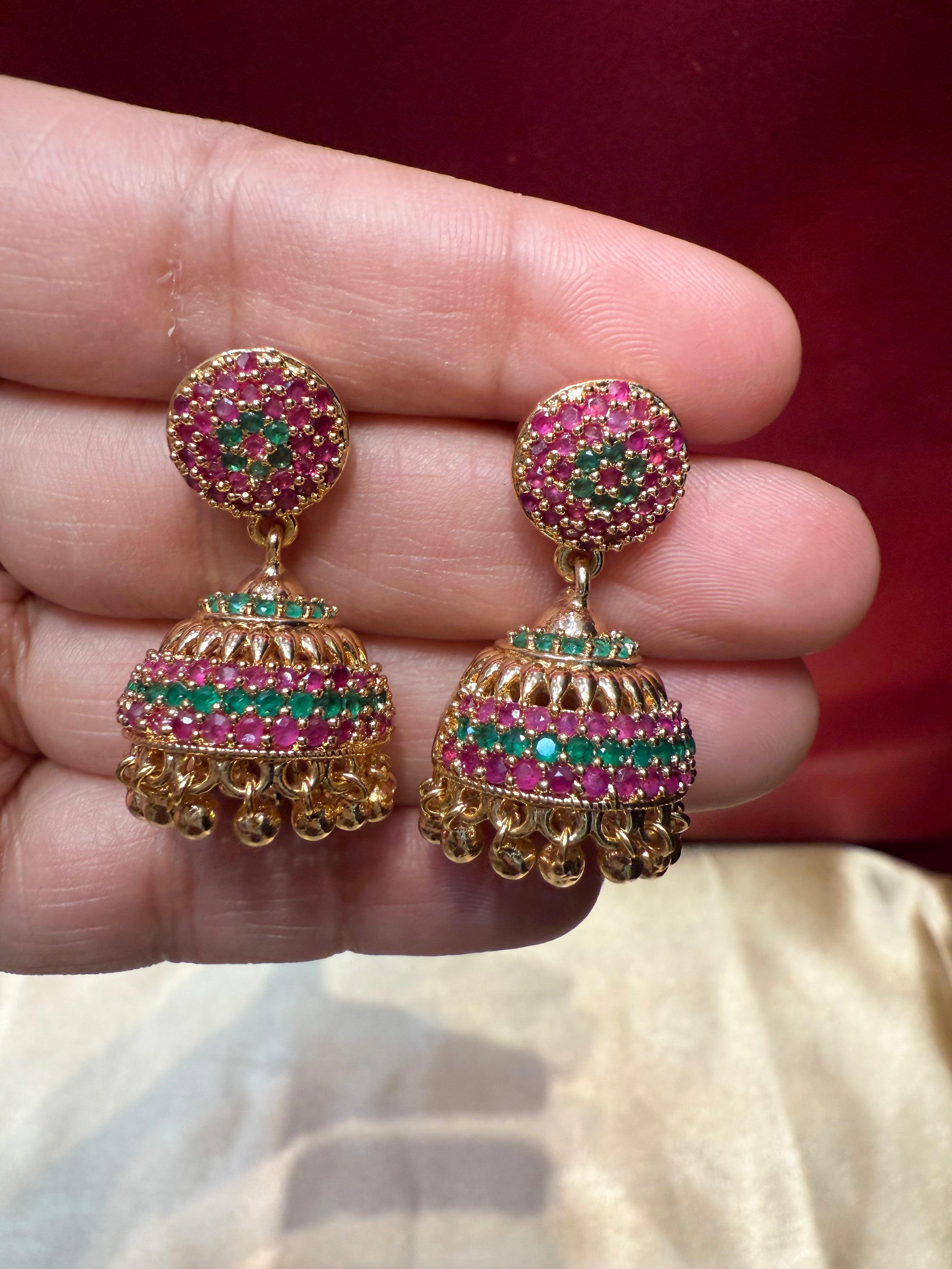 Exquisite Gold Plated Jhumka Earrings with Multicolor Stones for Women | Traditional Indian Jewelry for Weddings, Parties & Festive Occasions