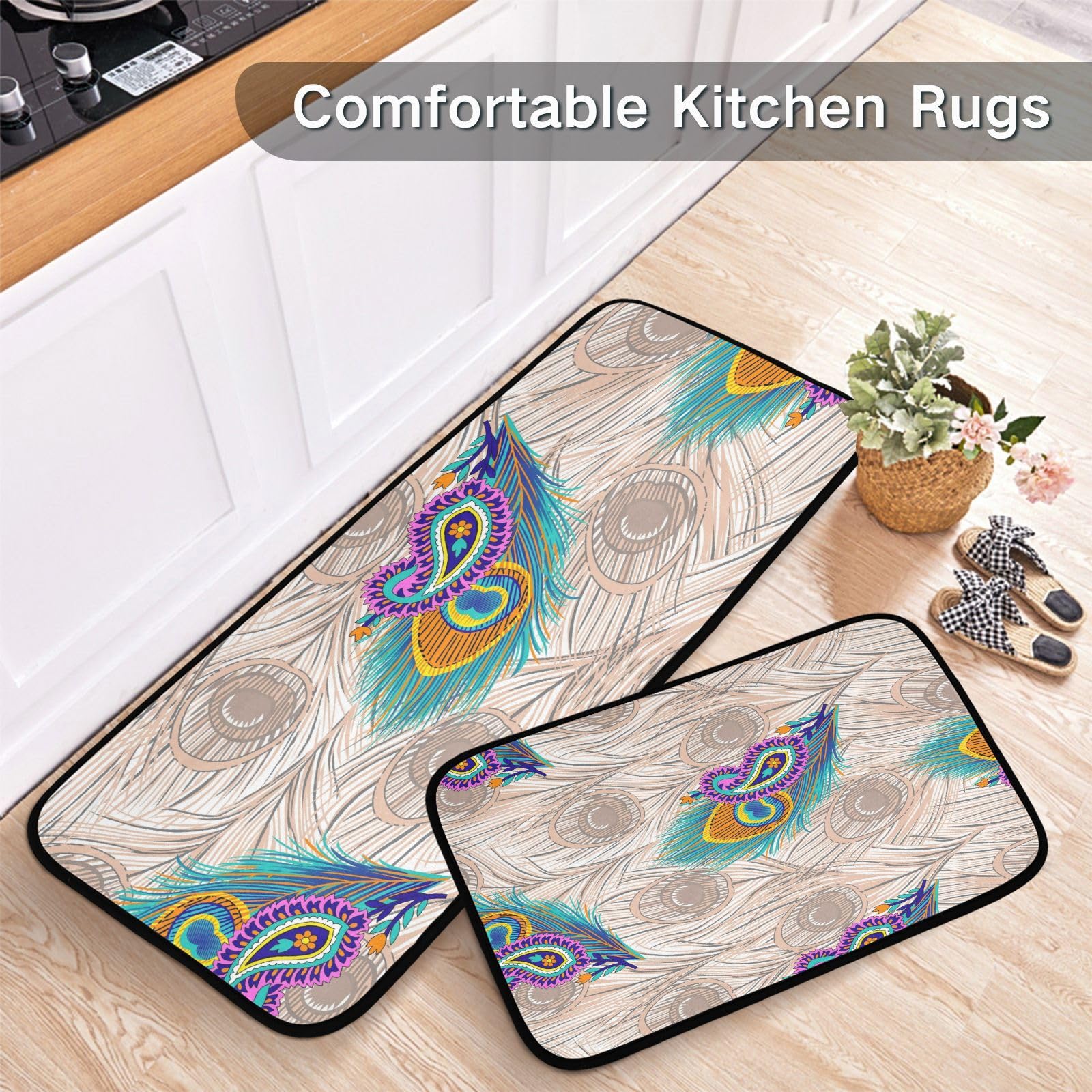 Peacock Feather Pattern Non-Slip Kitchen Rugs Set of 2 - Waterproof Kitchen Runner Mats for Comfortable Standing - Perfect for Home, Office, Laundry Room & Kitchen Decor