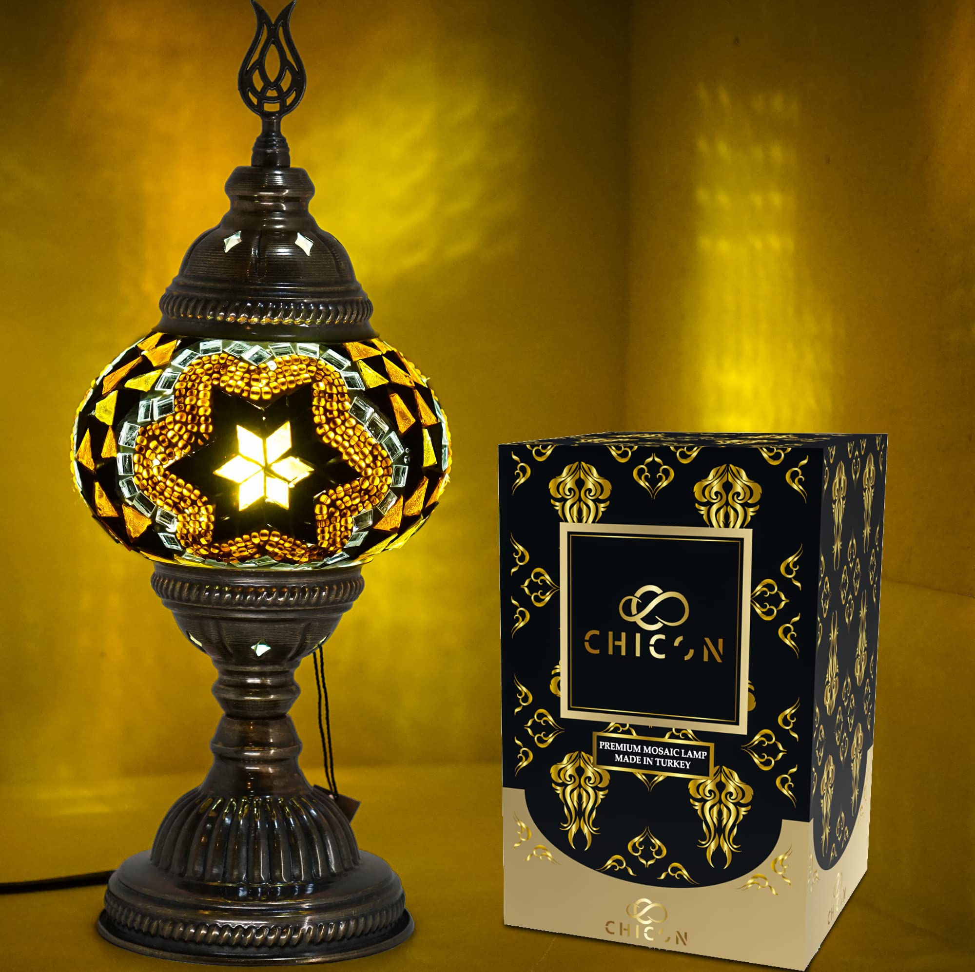 Handmade Mosaic Turkish Lamp - Genuine Glass Tiffany Style Boho Table Lamp with Classic Flower Design in Yellow | Moroccan Bohemian Decor for Living Room, Bedroom & Dining Room | Perfect Gift Idea for Home Decor Lovers