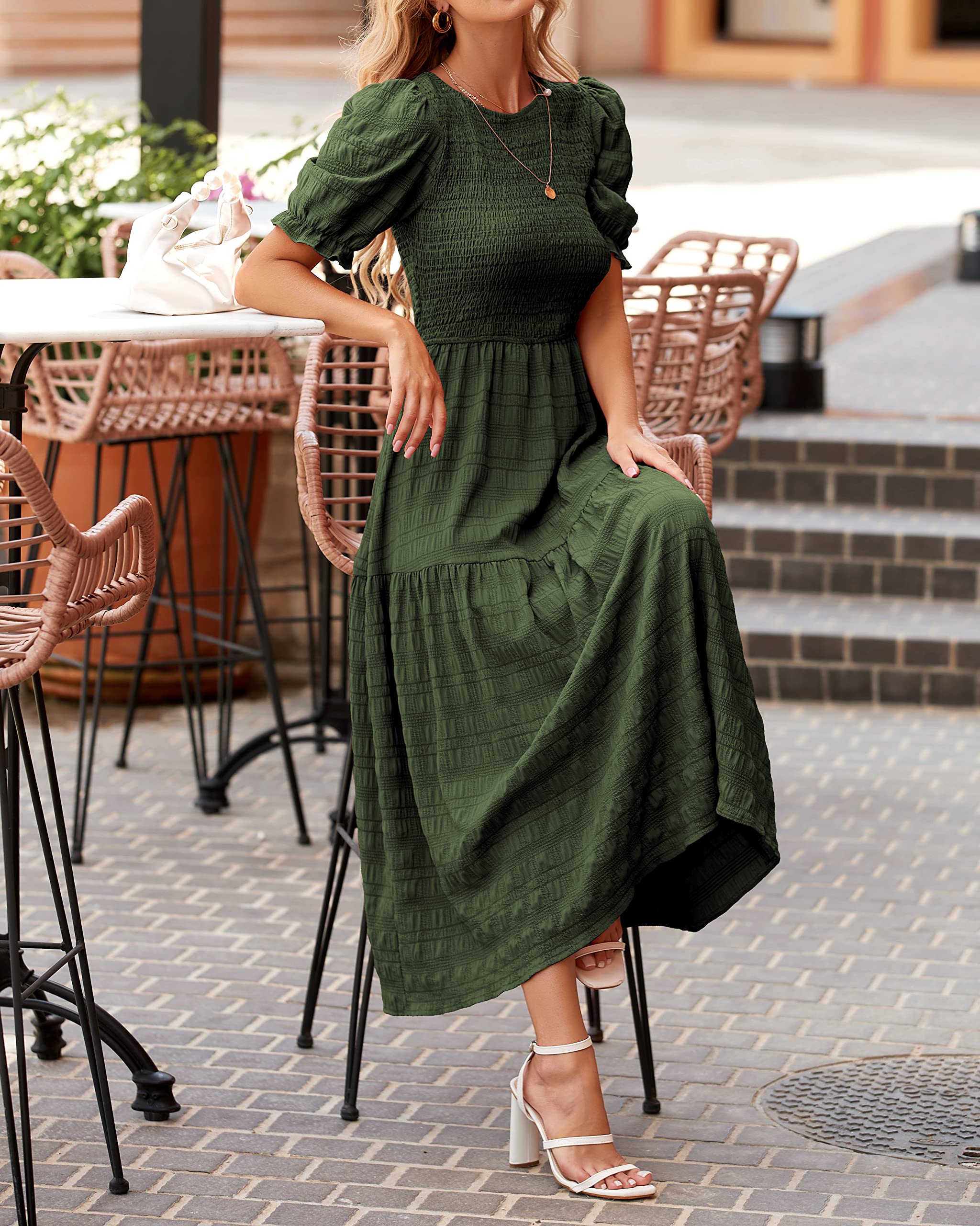 Dowerme Women's Summer Maxi Dress 2025 - Casual Short Sleeve Crewneck Smocked Boho Sundress with Puff Sleeves & Ruffle Hem | Perfect for Beach, Party, Vacation & Outdoor Events