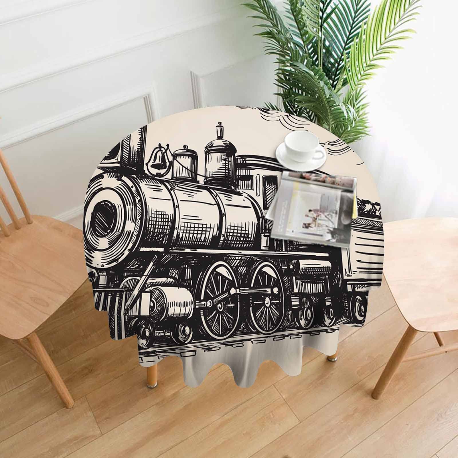 Vintage Steam Locomotive Sketch Round Tablecloth - 60 Inch Wrinkle & Stain Resistant Polyester Fabric for Dining, Kitchen, Party & Wedding Decor - Perfect for Railroad Theme Events and Vintage Home Decor