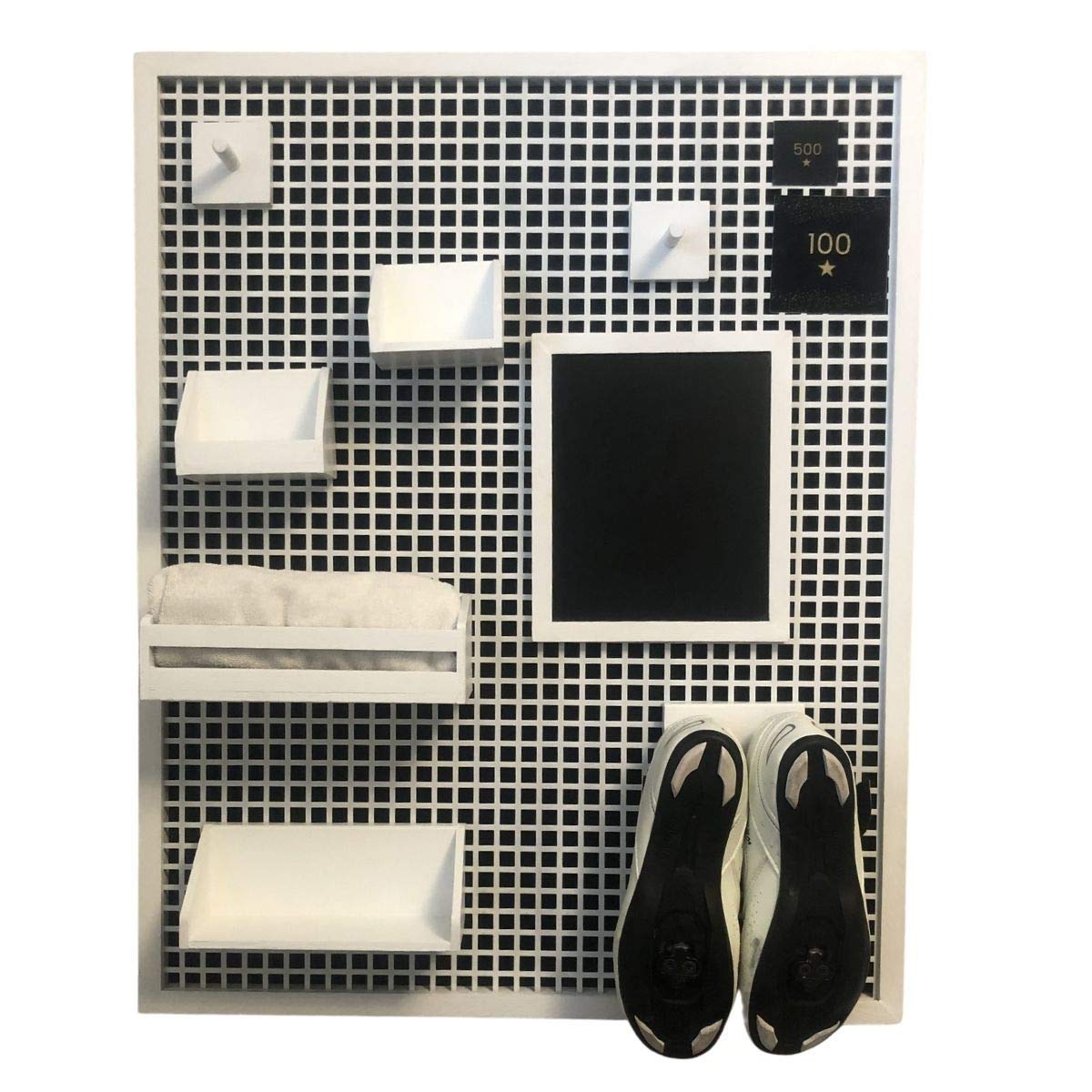 Wall Mounted Home Gym Storage Organizer - White/Black Metal Frame with Wooden Shelves & Hooks | Durable Wall Shelf for Dumbbells, Yoga Mats & Fitness Equipment | Perfect for Garage, Basement & Home Workout Spaces
