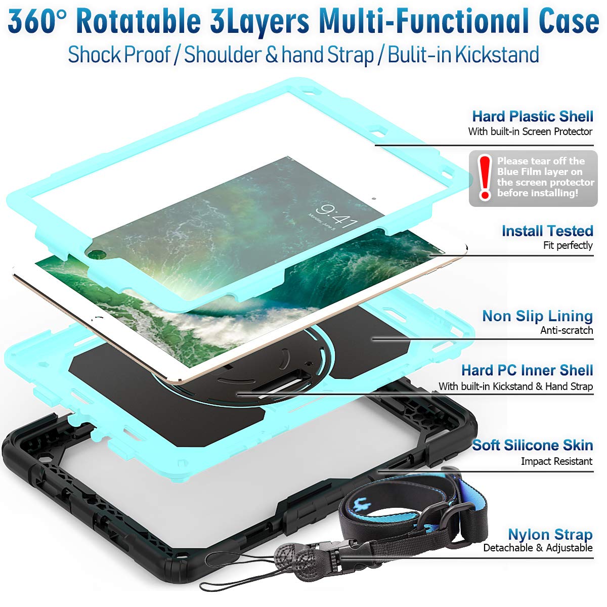 Heavy Duty iPad Air 3rd Gen Case & iPad Pro 10.5 Case with Kickstand, Anti-Slip Grip, Screen Protector & Adjustable Strap - Light Blue | Perfect for Work, Travel & Outdoor Use
