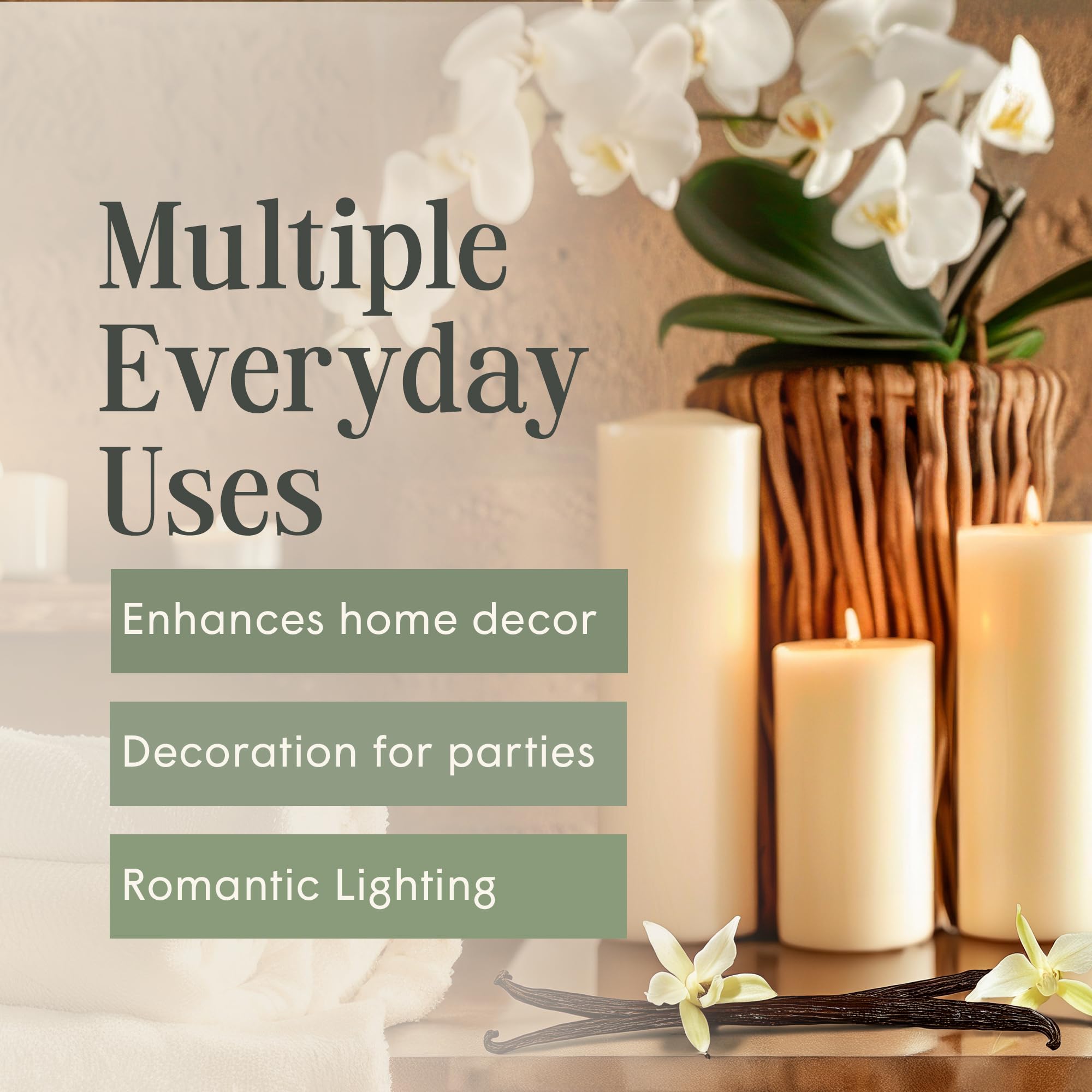 Premium Handmade Vanilla Scented Pillar Candles Set of 3 - Dripless, Essential Oil Infused, 80-Hour Burn Time (3x6 inch) for Home Decor, Wedding Centerpieces & Relaxing Aromatherapy