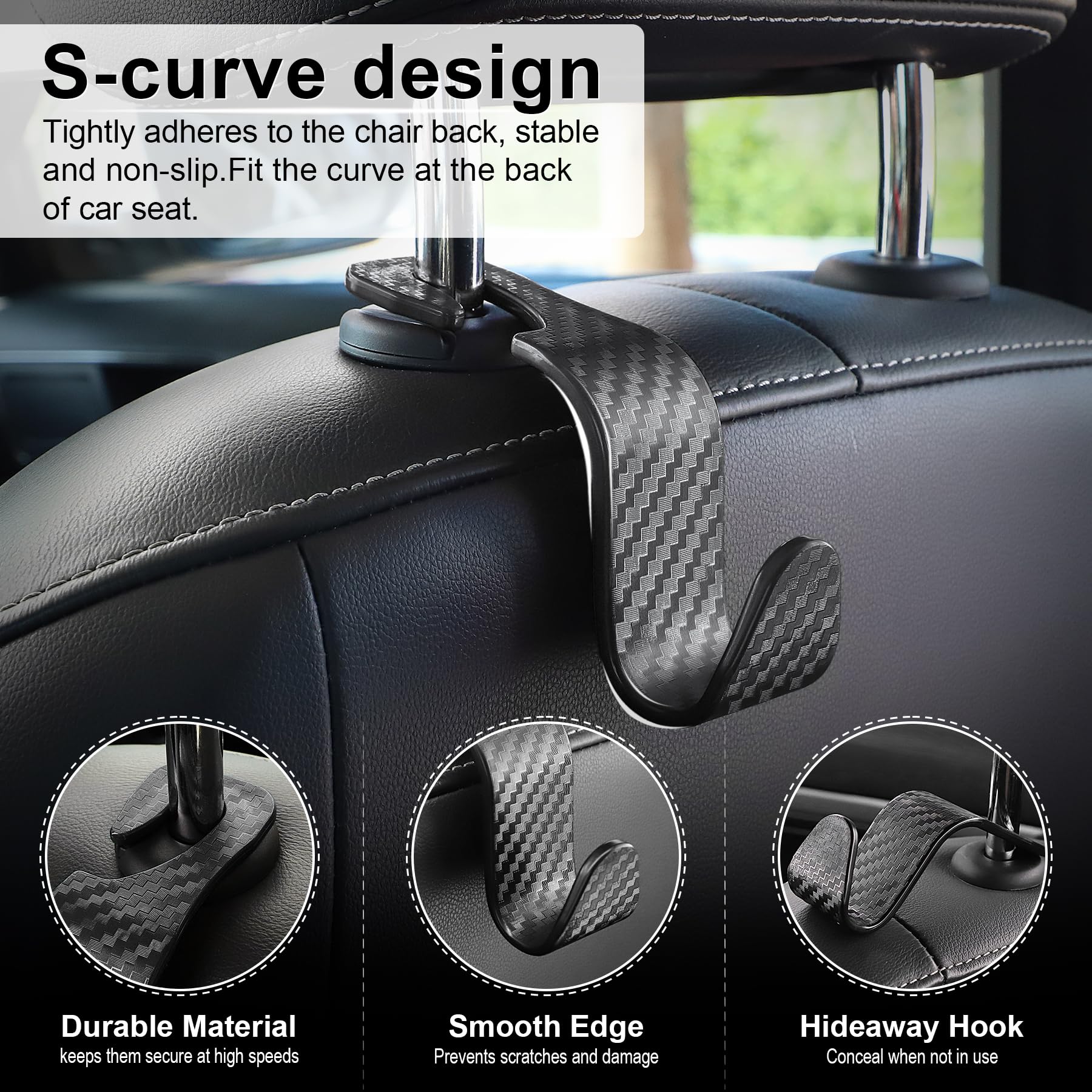 LivTee 4-Pack Car Purse Hooks - Universal Auto Seat Headrest Hangers for Coats, Umbrellas, Groceries & Shopping Bags - Durable Carbon Fiber Black Organizer - Perfect for Road Trips, Commuting & Daily Errands