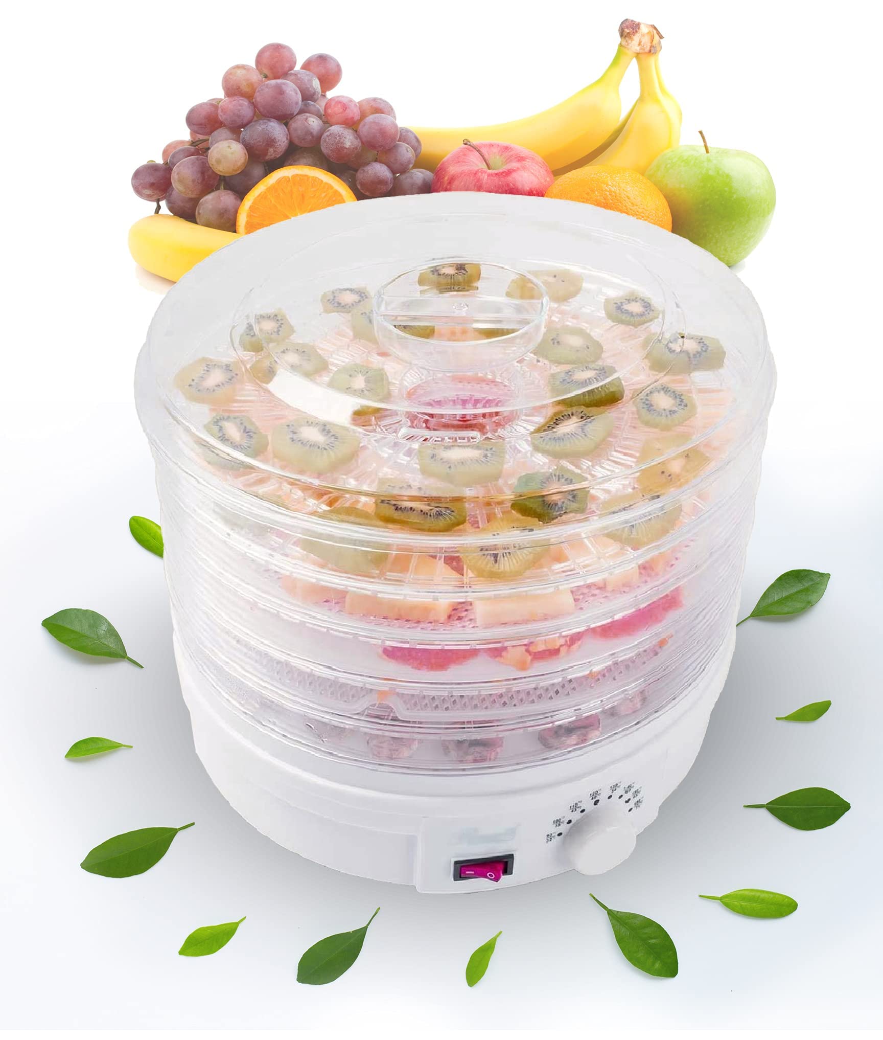 Rosewill 5-Tray Food Dehydrator Machine - Electric Fruit & Vegetable Dryer with Adjustable Thermostat, BPA-Free, Portable Design (Clear/White) - Perfect for Making Healthy Snacks, Jerky, Herbs & Dried Fruits at Home