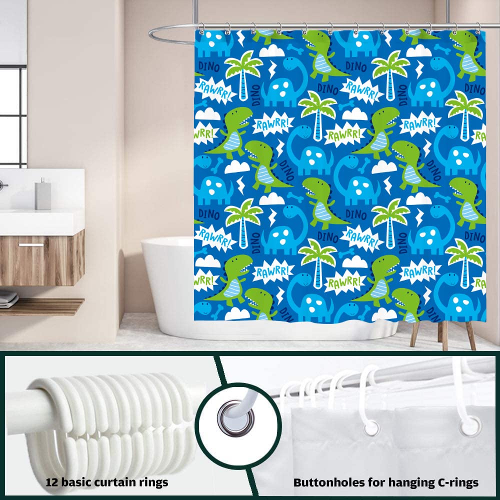 Dinosaur Shower Curtain for Kids - Waterproof Polyester Bathroom Decor with 12 Hooks, 72x72 Inch Jurassic Theme Cute Cartoon Design - Perfect for Children's Bathroom, Nursery, or Dinosaur-Themed Birthday Party Decorations