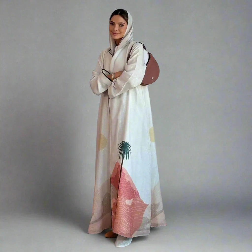 Elegant Muslim Women's Printed Cardigan Open Abaya Dress - Modest Islamic Fashion for Prayer, Home & Special Occasions