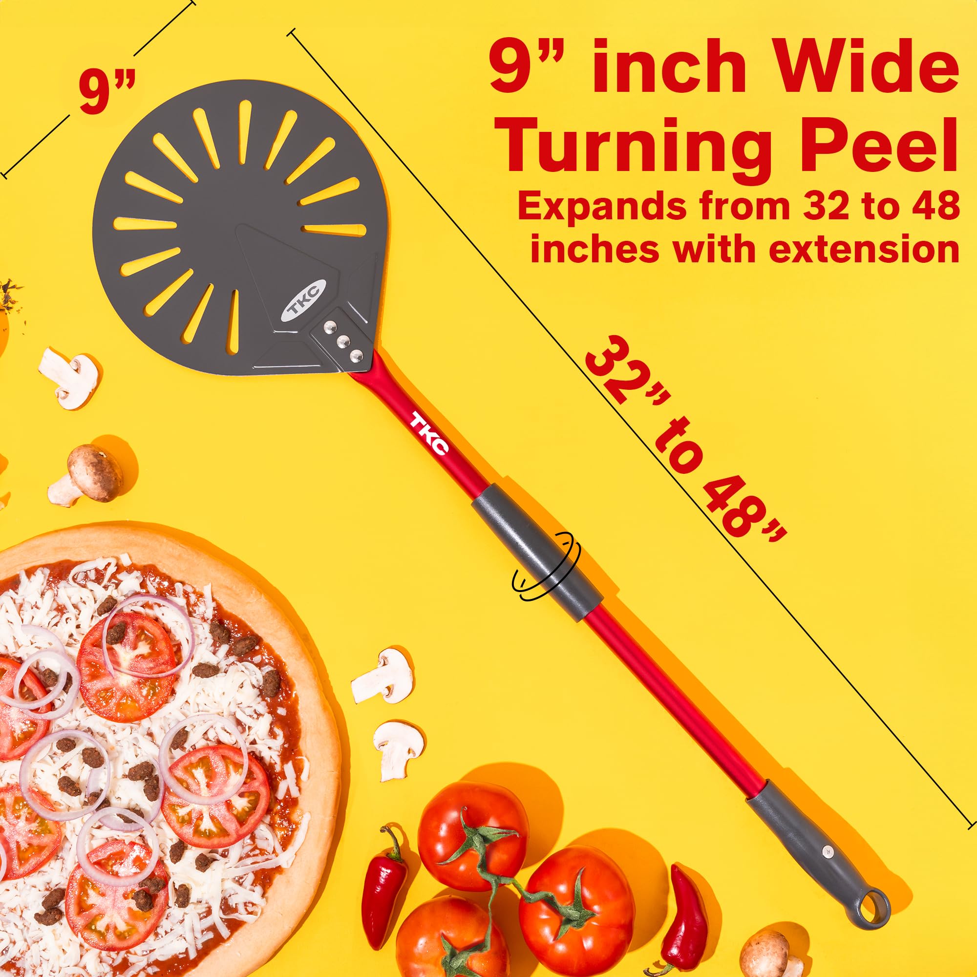 TKC 14 Inch XL Perforated Pizza Peel & 9 Inch Turning Peel Set with Dough Cutter, Pizza Wheel & Sauce Ladle - Commercial Grade Pizza Spatula for Home Kitchen & Professional Pizzeria Use