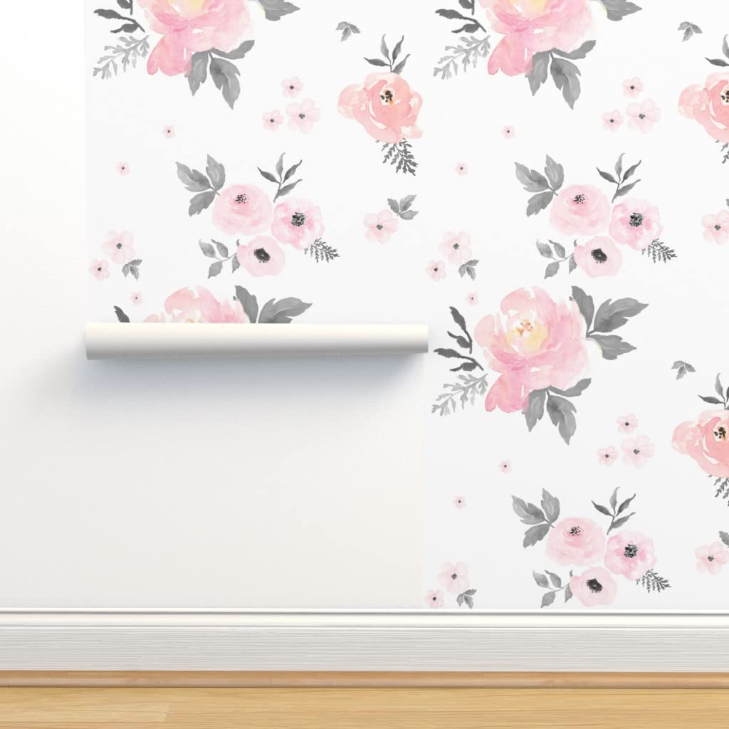Peel & Stick Wallpaper Swatch - Watercolor Roses Floral Design, Blush Pink & Grey Leaves, Removable Custom Wallpaper by Spoonflower | Perfect for Nursery, Bedroom, and Home Decor