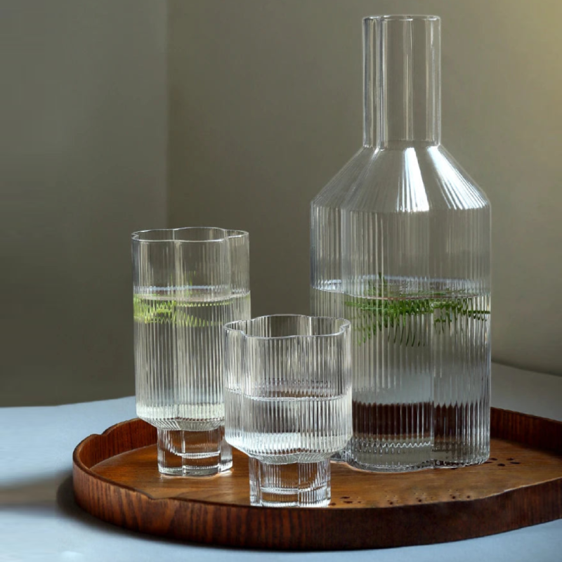 Elegant Floral Scalloped Edge Glass Cups & Carafe Set - Perfect for Tea Parties, Bridal Showers, and Home Decor