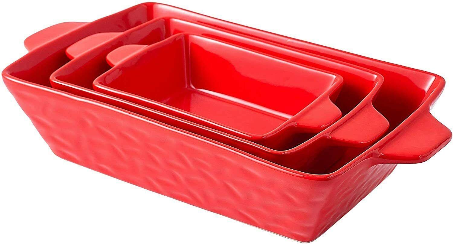 3-Piece Ceramic Glaze Bakeware Set - Non-Stick Baking Pans for Muffins, Cakes & Bread | Red Kitchen Cookware | Essential Baking Supplies for Home Bakers | Perfect for Holidays, Parties & Everyday Baking