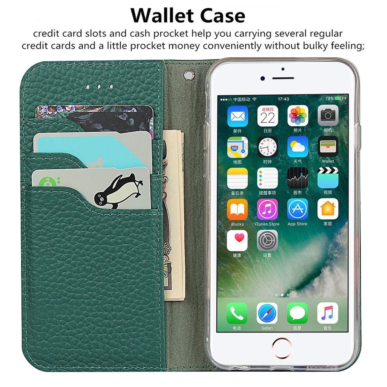 Genuine Leather iPhone 7 Plus/8 Plus Wallet Case with Magnetic Closure, Wrist Strap, Card Holder & Kickstand - Flip Cover Phone Case (Green) - Perfect for Business, Travel & Everyday Protection
