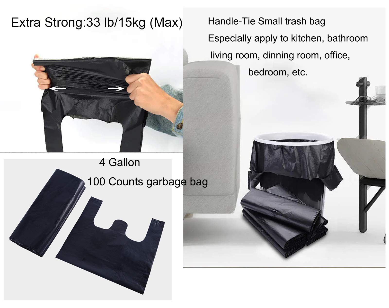 200 Counts 4 Gallon Black Trash Bags with Handles - 1.8mil Thick Heavy Duty Kitchen Garbage Bags for Home, Office, Picnic & Contractor Use - Bulk Pack of Durable Waste Bin Liners for Daily Household Cleaning