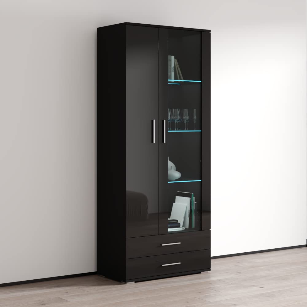 Modern Soho S6 2D2S Freestanding Bookcase - Adjustable LED Lighting Wooden Bookshelf with Mirror Cabinet - Black - Stylish Home Office & Living Room Storage Solution