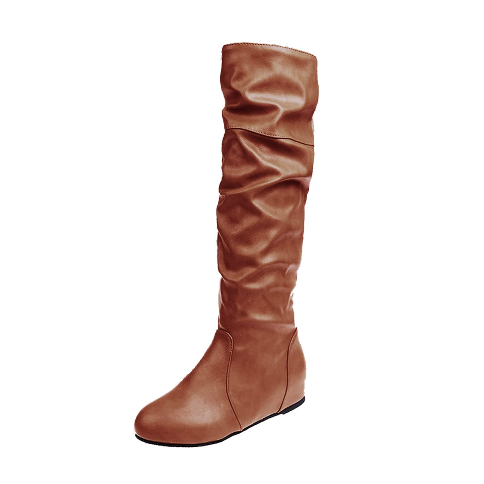 Vintage Knee High Pleated Wedge Boots for Women - Casual Brown Boots Size 10 | Perfect for Fall Outfits, Date Nights & Office Wear