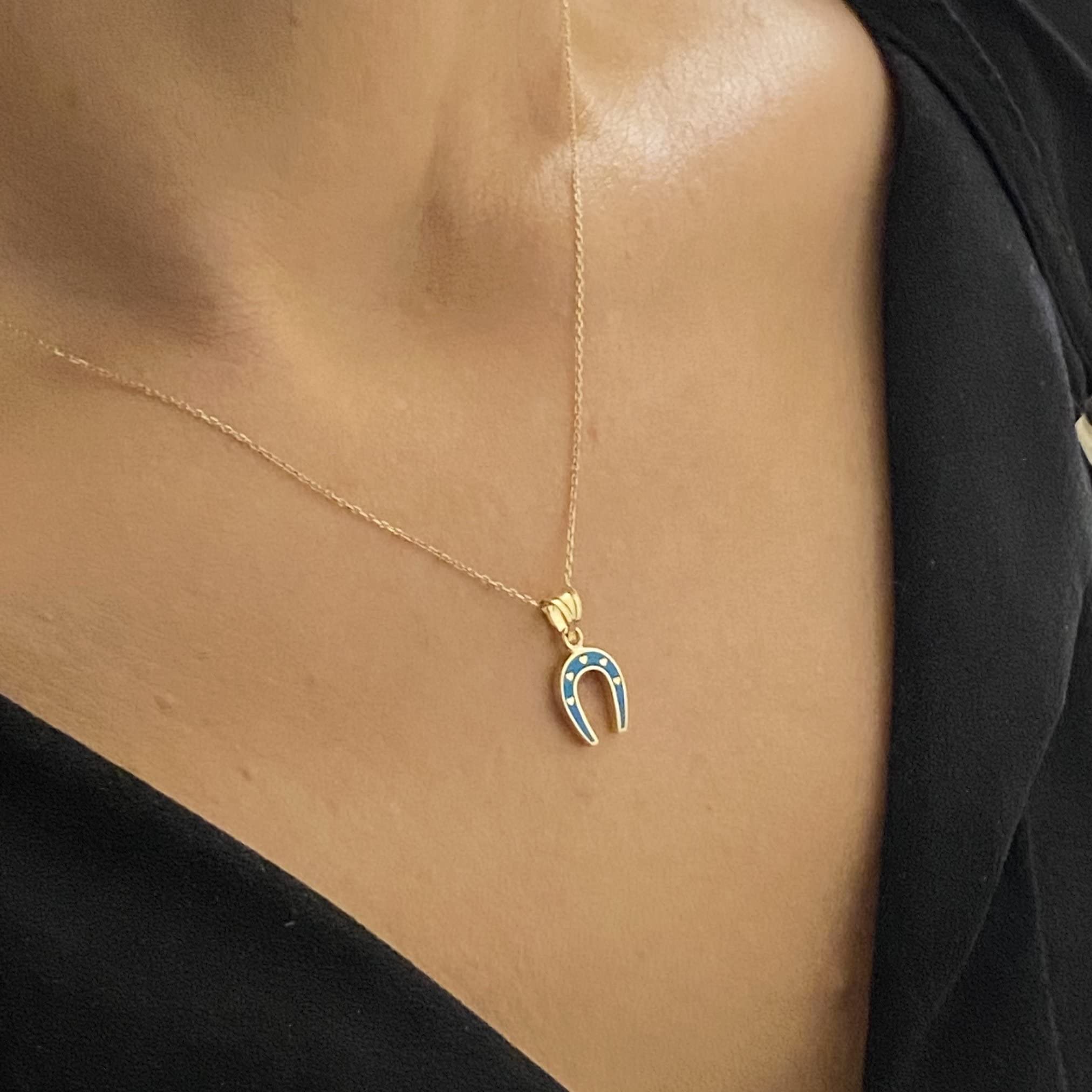 14K Solid Gold Horseshoe Necklace for Women - Lucky Charm Jewelry with Turquoise Hearts, Perfect Birthday & Christmas Gift for Her
