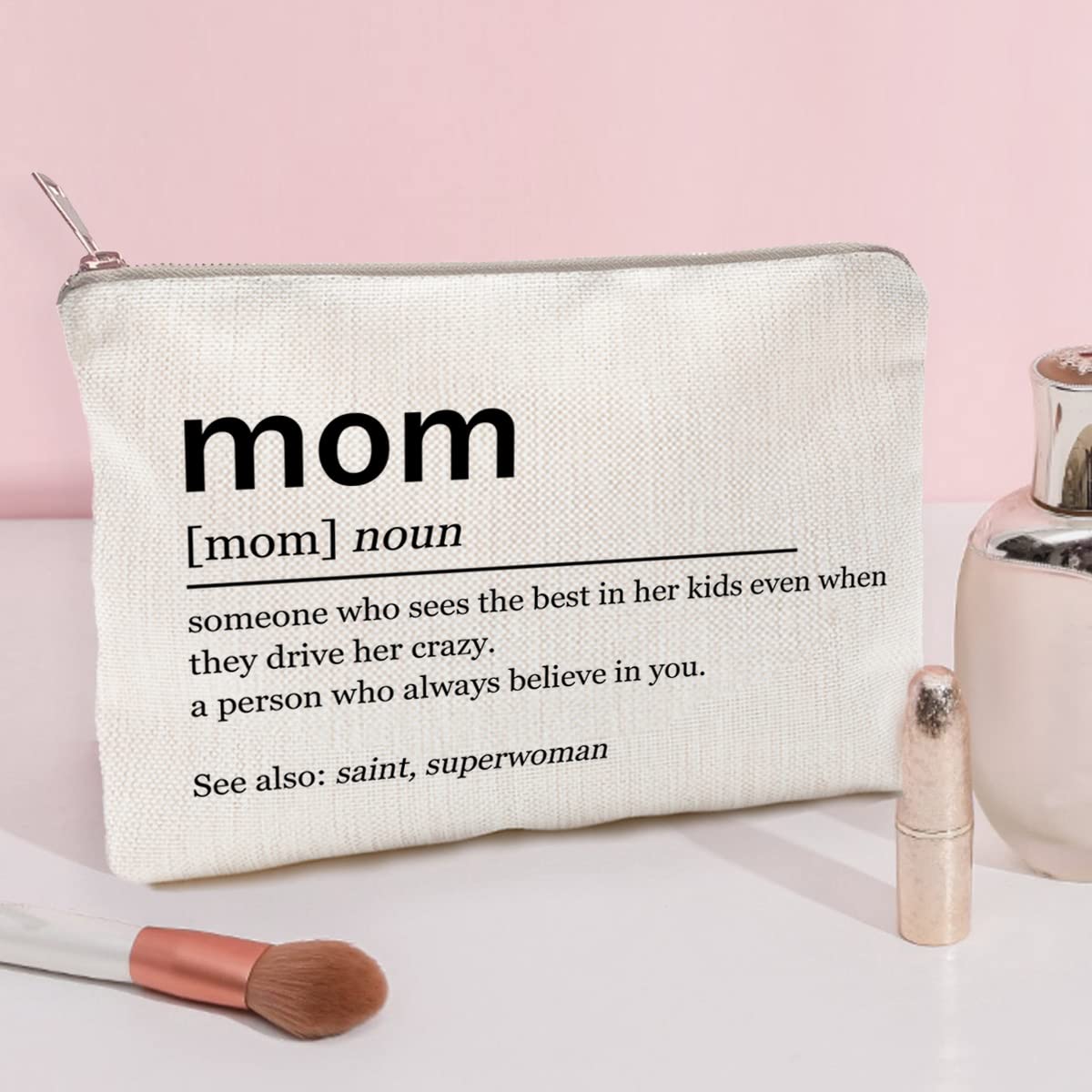 Funny Mom Definition Makeup Bag - Linen Cosmetic Travel Organizer & Toiletry Case for Women | Perfect Mother's Day Gift, Birthday Present & Travel Essential