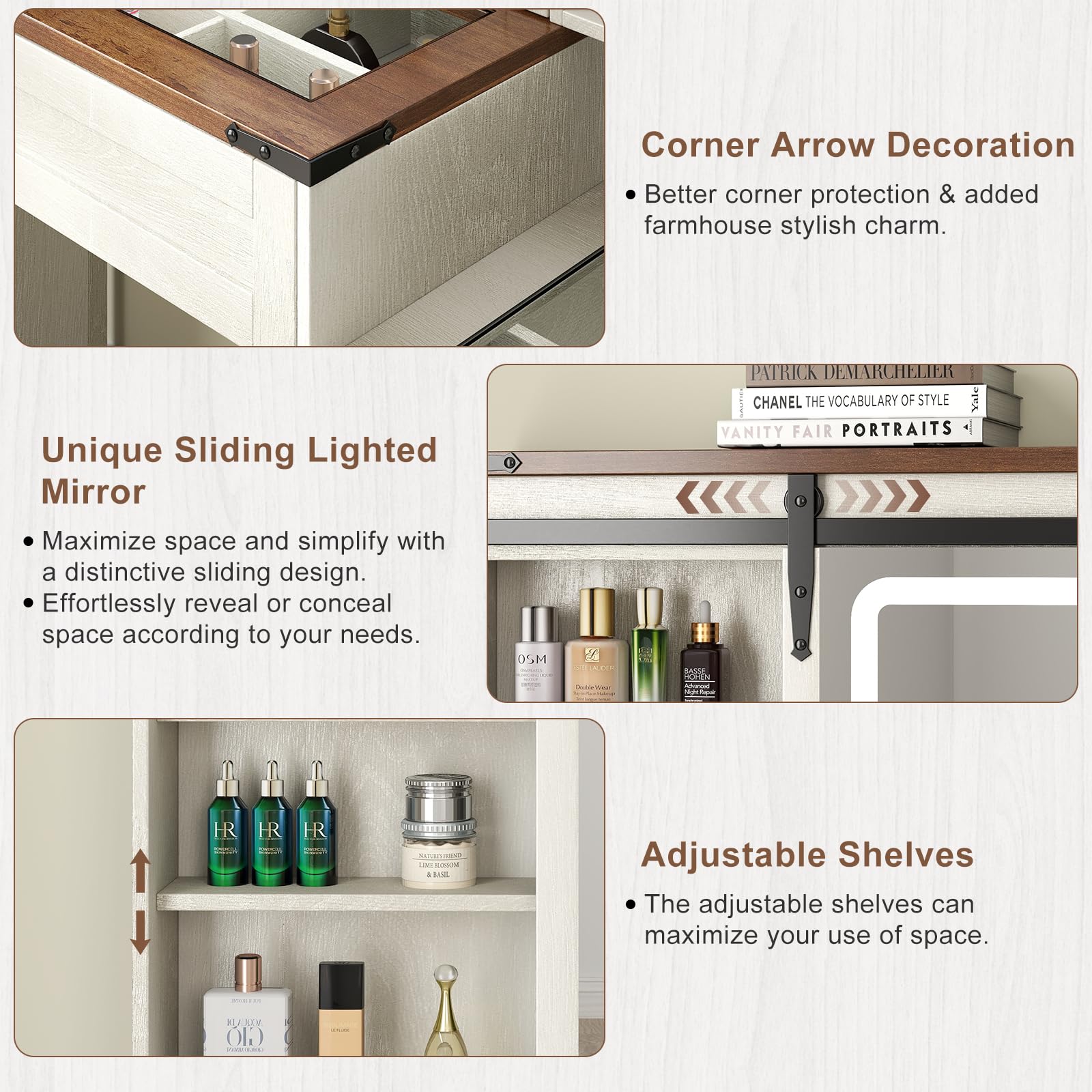 Farmhouse Makeup Vanity Desk with Sliding Mirror & LED Lights - 42