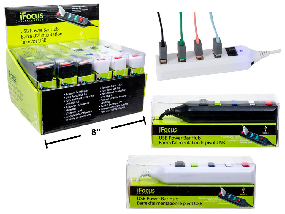 iFOCUS 4-Port USB Power Bar Hub with Smart Charging - Fast Charging Station for iPhone, Android, Tablets - Perfect for Home, Office, Travel