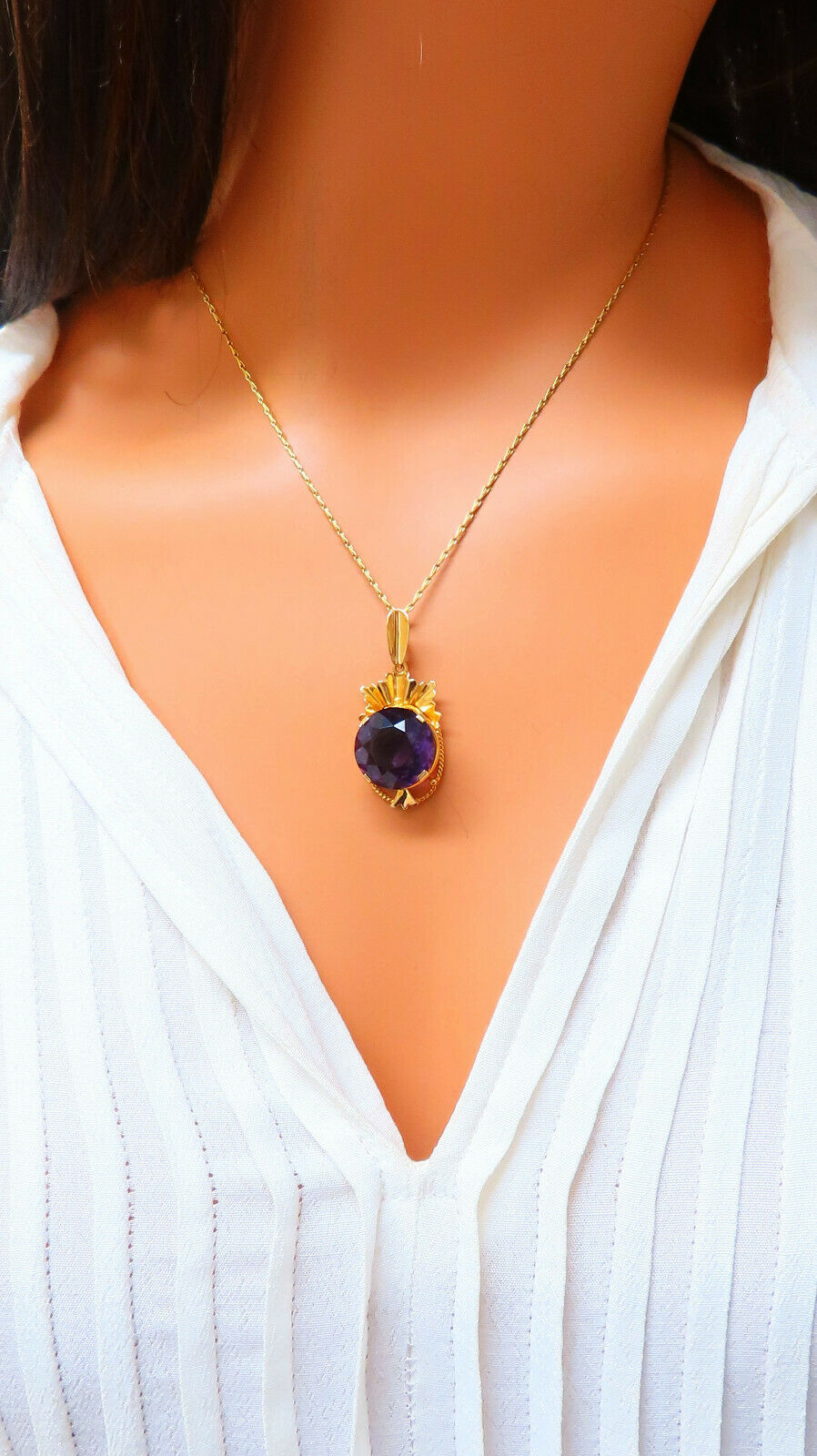 20ct Natural Round Amethyst Vintage Pendant Necklace - 18K Gold Plated Jewelry for Women, Gift for Her, Birthday, Anniversary, Wedding, Valentine's Day