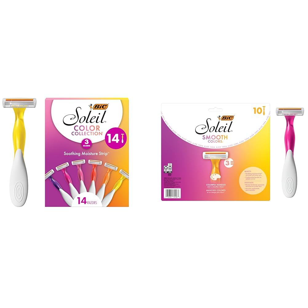 BIC Soleil Smooth Colors Women's Disposable Razors - 3 Blades with Aloe Vera & Vitamin E Lubricating Strip - 14 Count or 10 Count Pack - Perfect for Travel, Gym & Smooth Shaving at Home