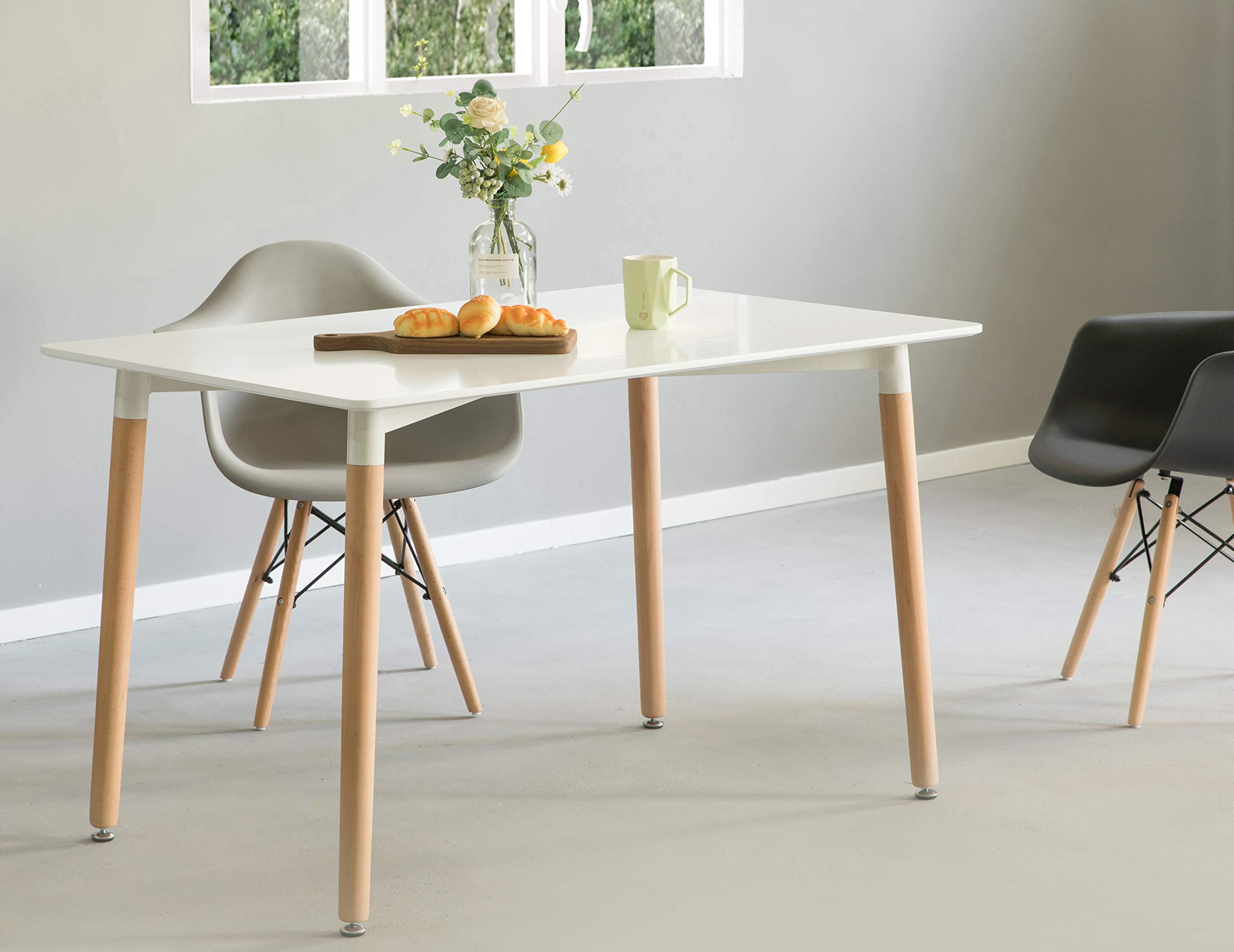 Mid-Century Modern 4 Ft. Rectangular Dining Table - White Plastic Top & Solid Beech Wood Legs | Perfect for Small Spaces, Apartments, and Contemporary Dining Rooms