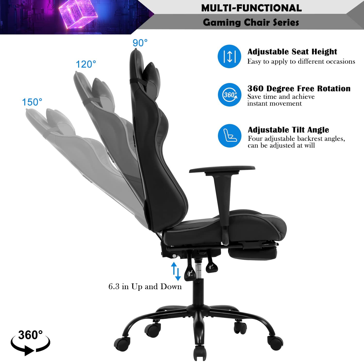 Ergonomic PC Gaming Chair - High Back PU Leather Racing Office Chair with Adjustable Lumbar Support & Headrest, Swivel Rolling Task Chair for Adults & Teens - Perfect for Gaming, Streaming & Home Office (Grey)