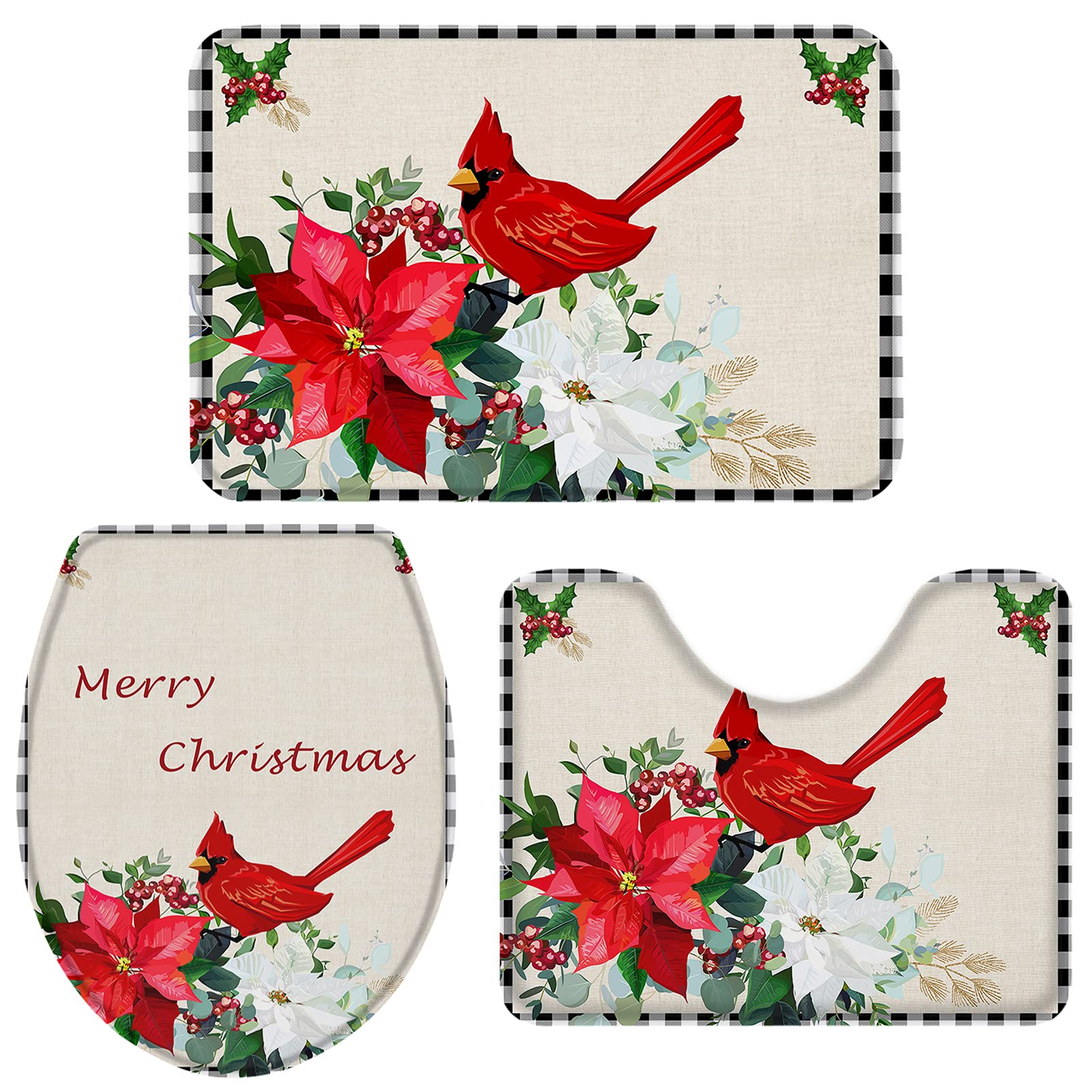 Z&L Christmas Red Cardinals Bird with Poinsettia Flowers 3-Piece Bathroom Rug Set - U-Shaped Bath Mat, Toilet Lid Cover & Decorative Doormat for Shower/Tub - Black White Plaid Design for Holiday Home Decor