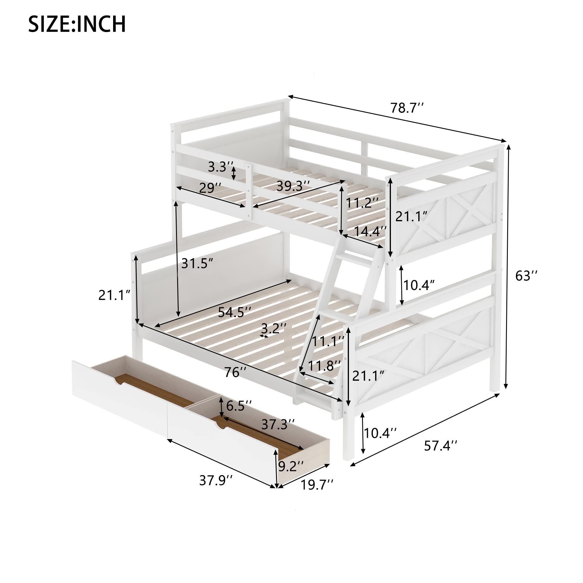 P PURLOVE Twin Over Full Bunk Bed with Storage Drawers & Ladder - Convertible Wooden Bunk Bed Frame for Kids, Teens & Guest Rooms - Space-Saving Solution for Small Bedrooms, Dorms & Vacation Homes