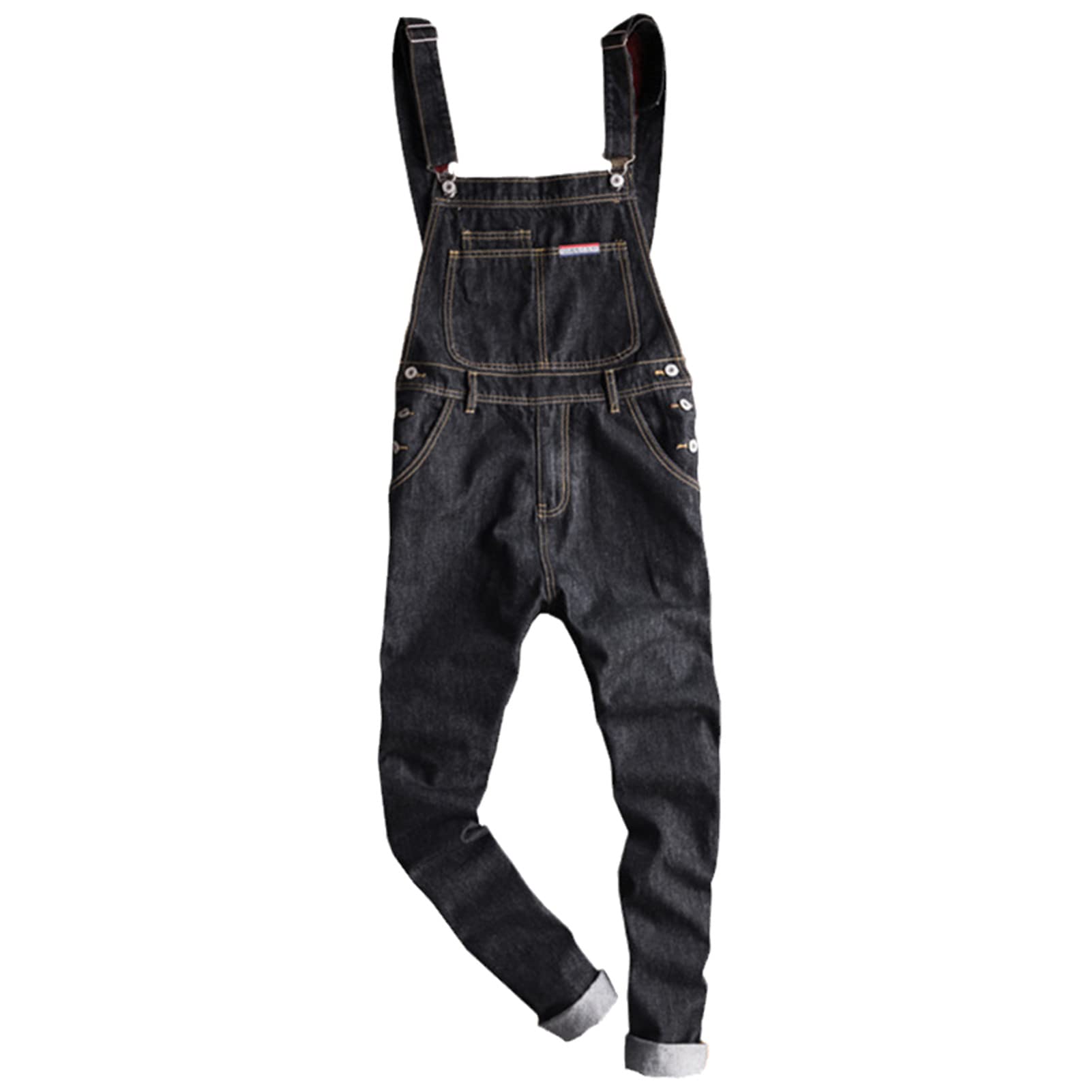 Men's Slim Fit Denim Bib Overalls with Patch Pockets - Black Casual Suspenders Jumpsuit Jeans for Workwear & Outdoor Activities