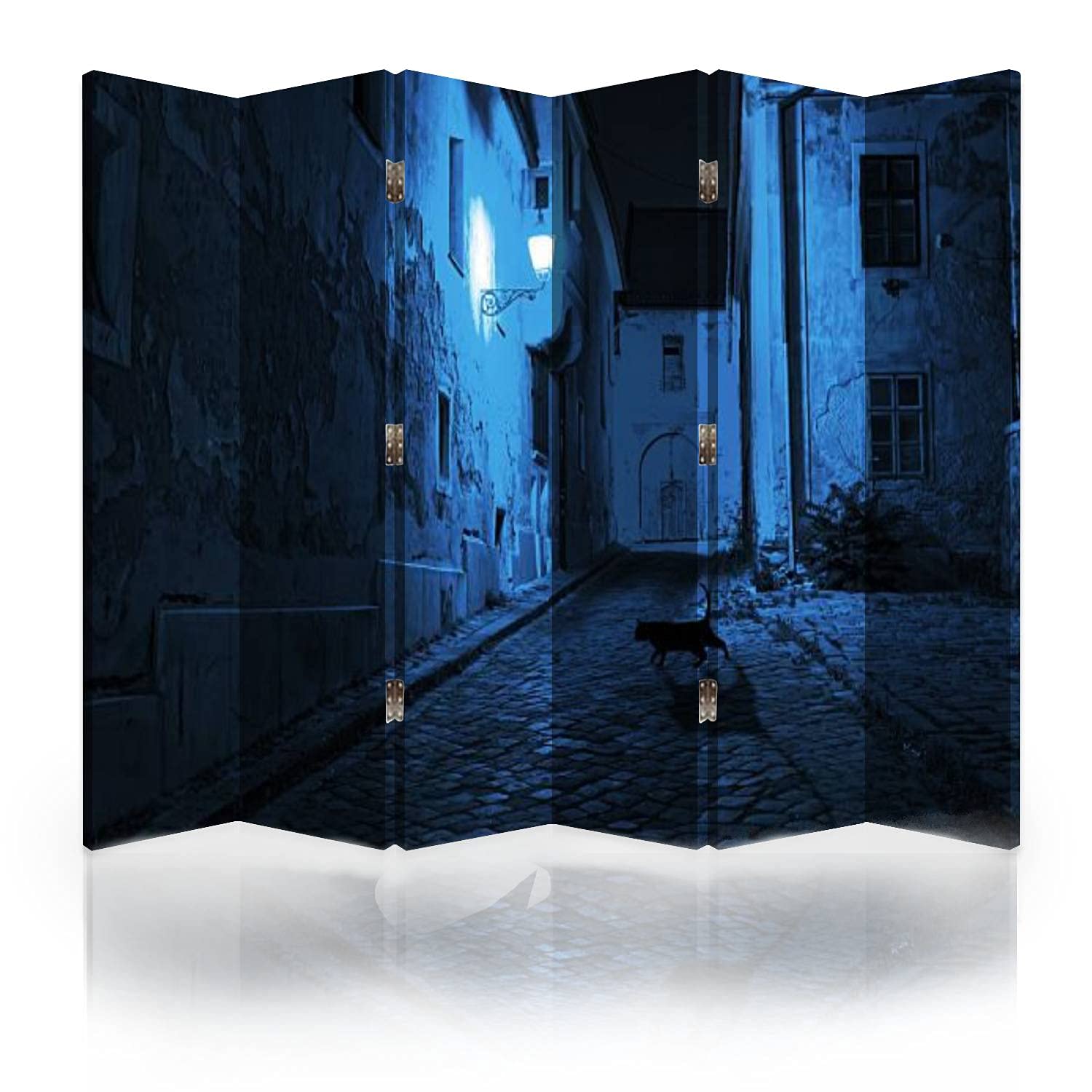 6-Panel Black Cat Canvas Room Divider Screen - Night Desert Street Scene Folding Privacy Partition for Bedroom, Office & Living Space