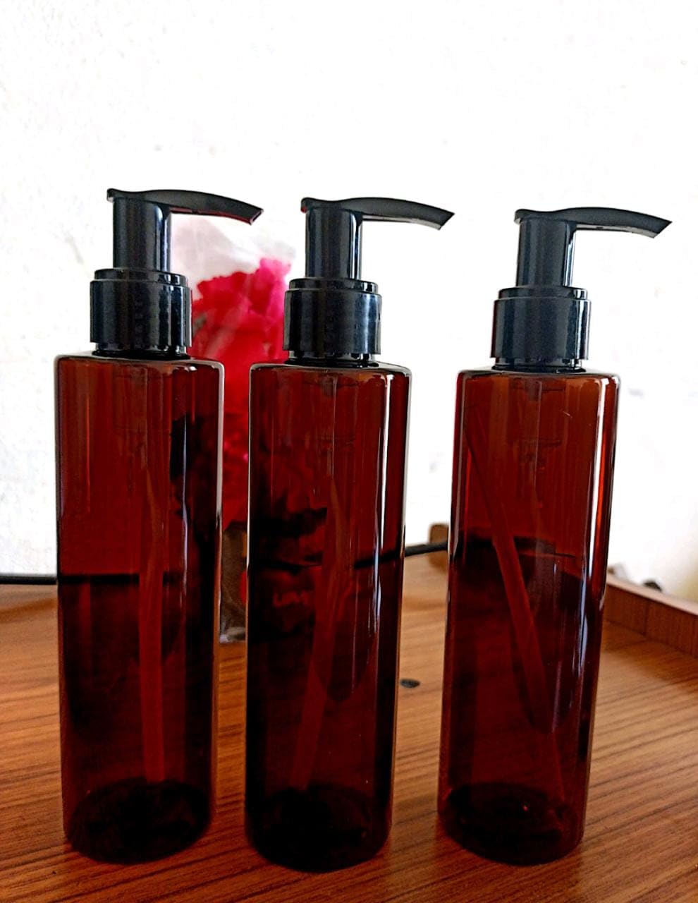 R K Bottles 200ml Amber Glass Bottles with Black Pump Dispenser - 3 Pack Refillable Empty Bottles for Essential Oils, Lotions & DIY Beauty Products | Perfect for Home, Salon & Travel Use