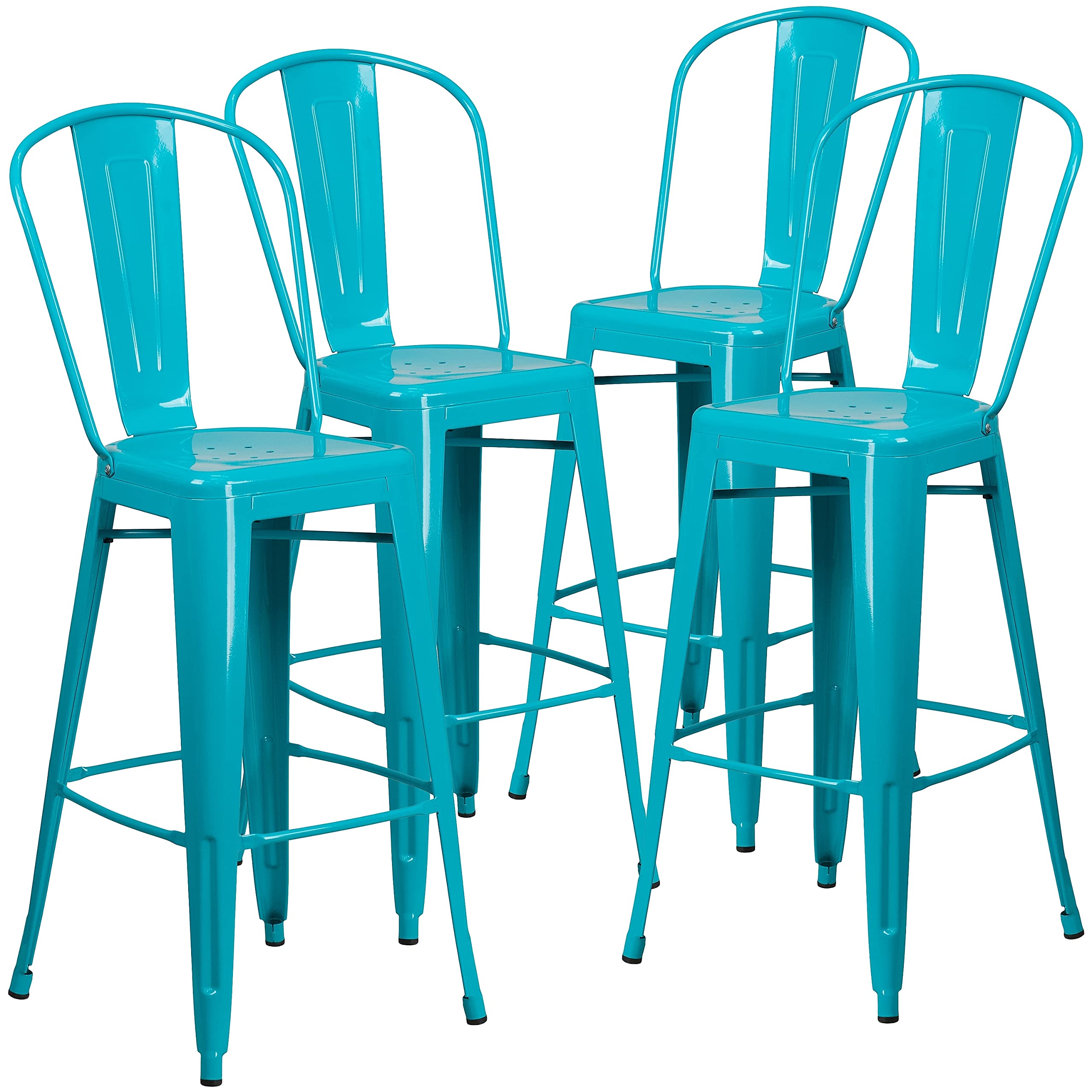Flash Furniture High Crystal Blue Metal Bar Stools with Backrest - Indoor/Outdoor Counter Height Stools, Set of 4 - Perfect for Kitchen Islands, Patio Bars & Game Rooms