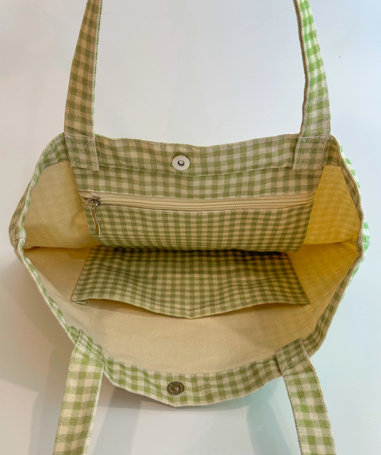 Sage Gingham Tote Bag for Women - Lightweight Canvas Shoulder Bag with Interior Pockets & Magnetic Snap Closure - Perfect for Work, Beach, Shopping & Travel