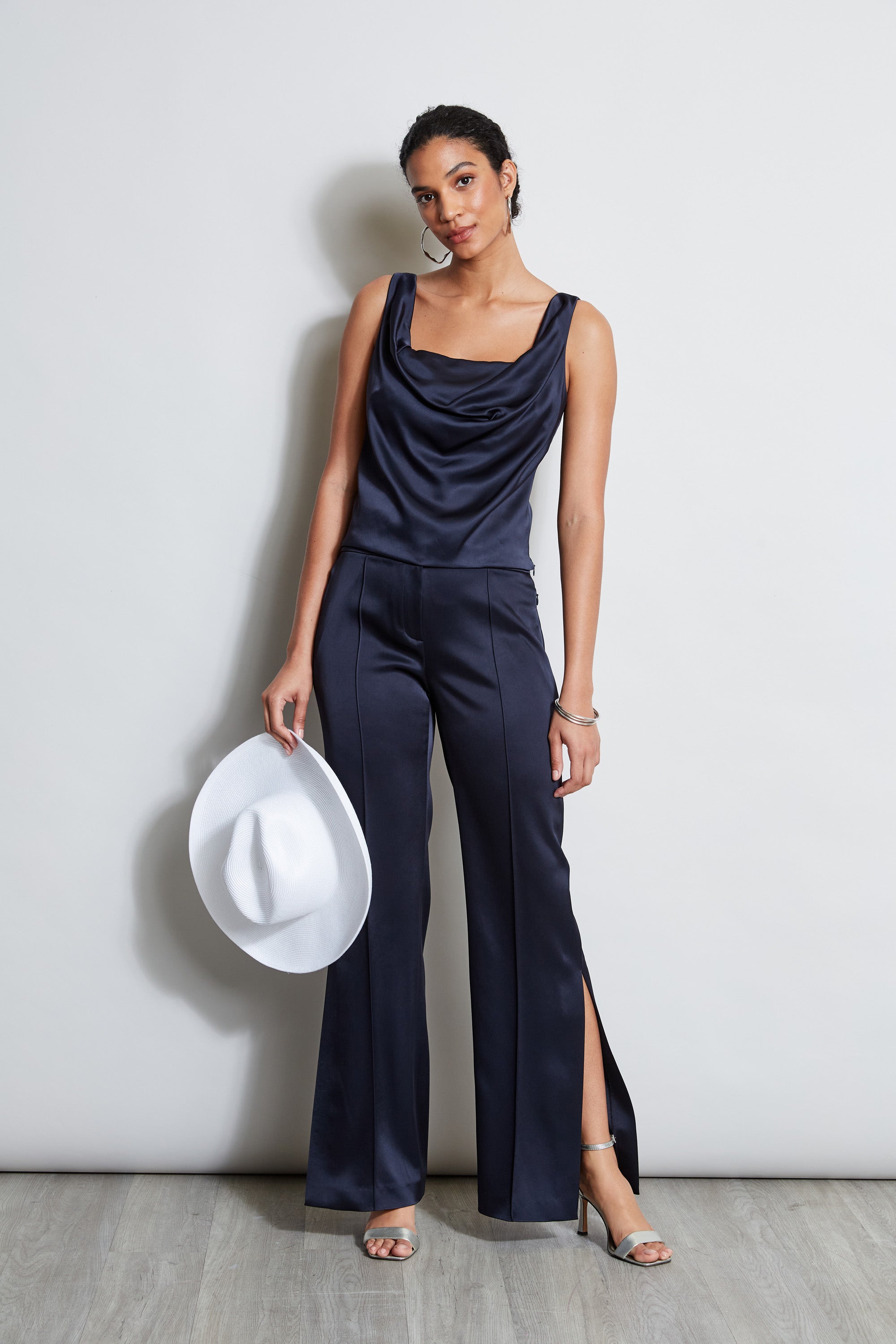 Satin Cowl Neck Cami Top - Women's Elegant Stargazer Lace Trim Blouse for Evening Out & Date Night