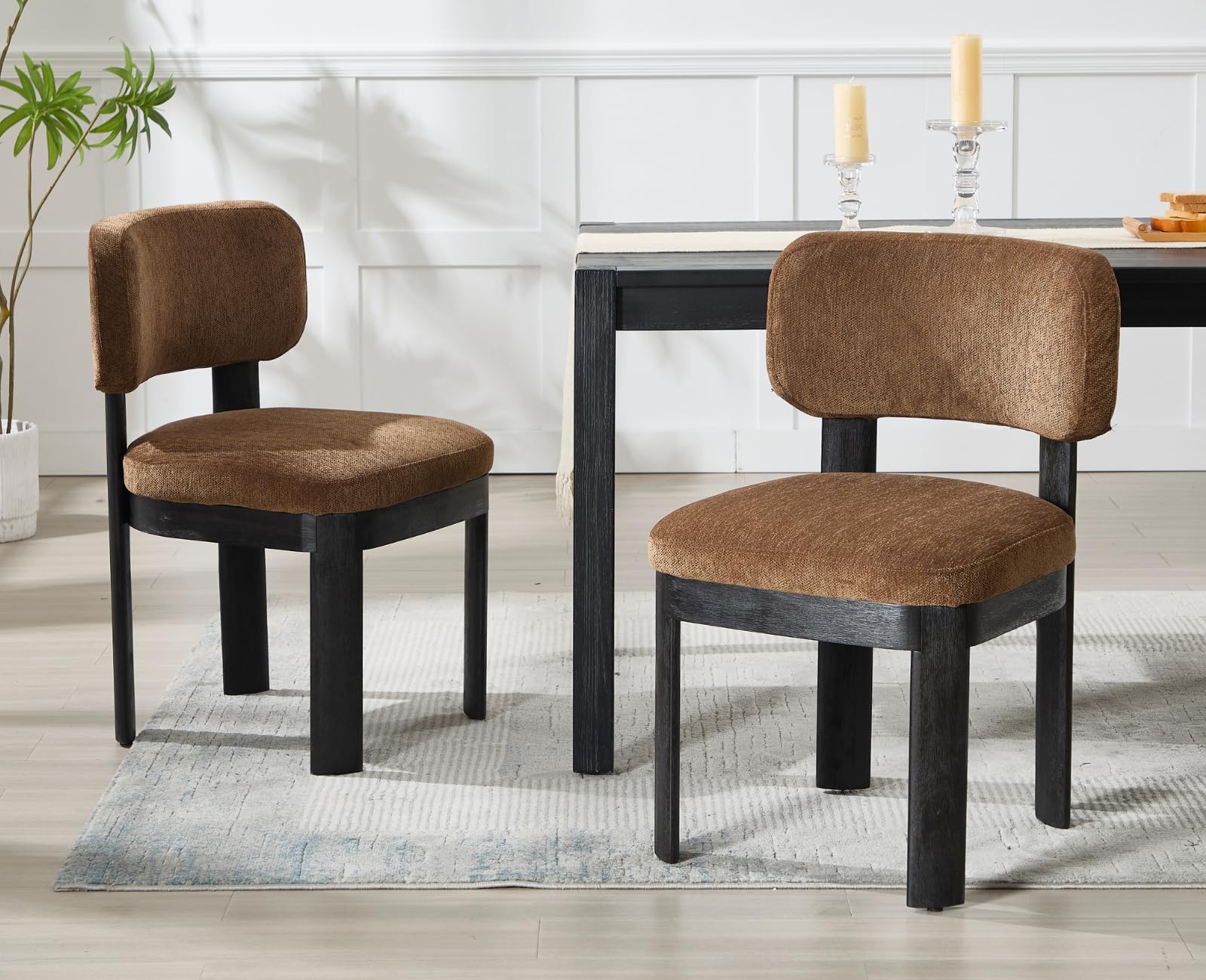 Mid Century Modern Dining Chairs Set of 2 - Brown Upholstered Wooden Farmhouse Kitchen Chairs, Armless Accent Side Chairs with Chenille Fabric for Dining Room & Living Room - Perfect for Home Decor, Kitchen Breakfast Nook, and Small Space Dining