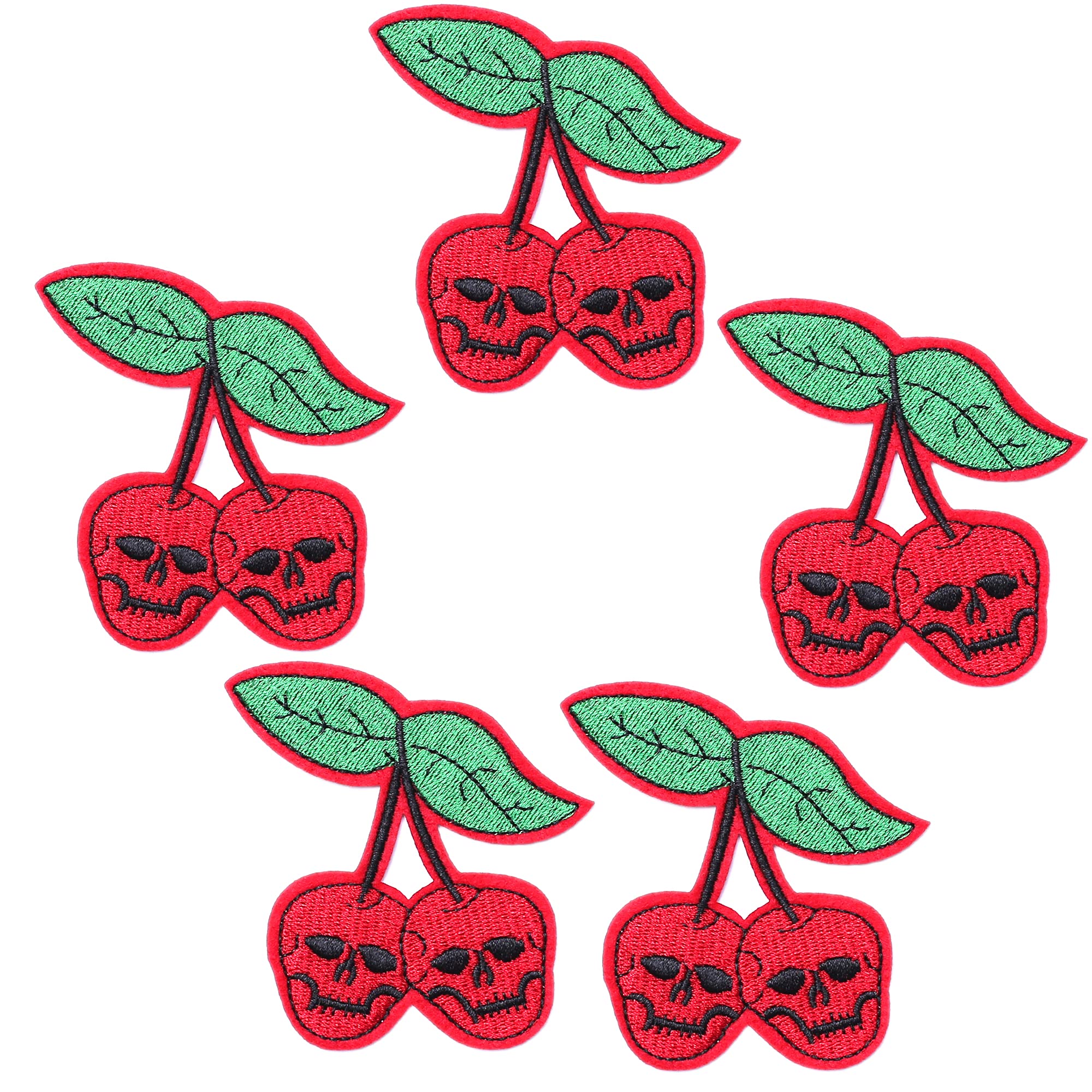 Spooky Red Cherry Ghost Skeleton Skull Embroidered Iron On/Sew On Patches - 5 Pack DIY Applique for Halloween Costumes, Gothic Jackets, Punk Hats, Denim Jeans & Backpacks - Perfect for DIY Crafts, Cosplay & Fashion Upgrades