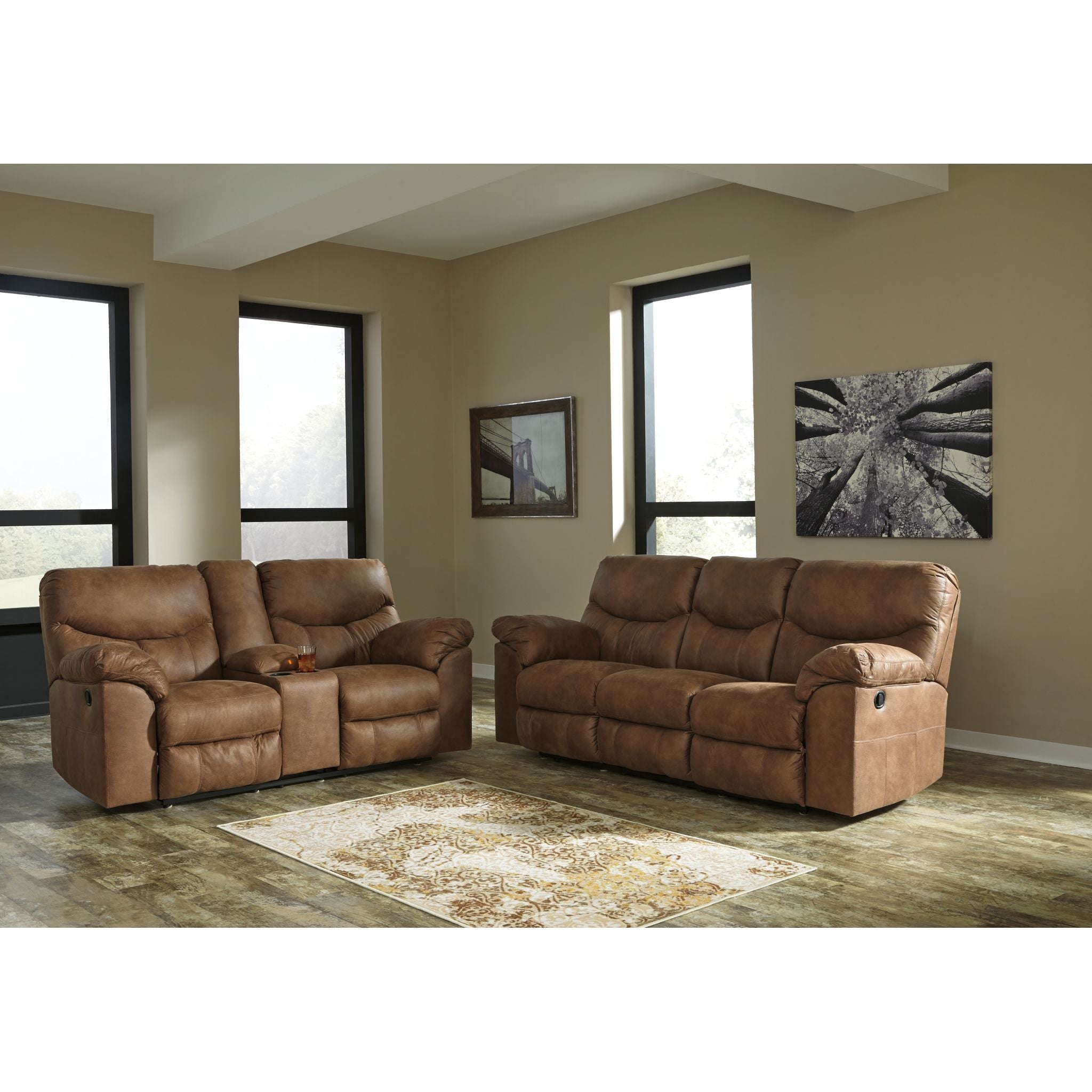 Boxberg Reclining Loveseat with Console in Bark Brown - Modern Reclining Sofa for Living Room, Home Theater & Small Spaces - Comfortable Two-Seater with Cup Holders and USB Ports