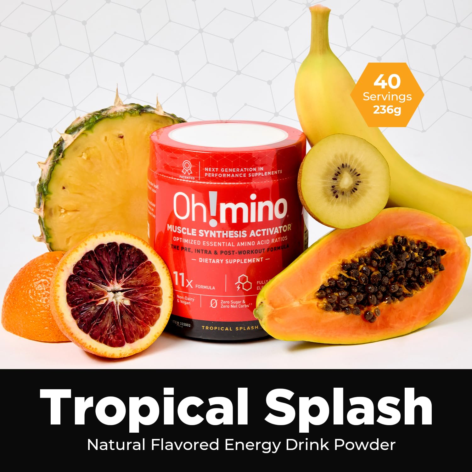 Oh!mino Amino Acids Powder Supplement - BCAAs for Muscle Gain, Pre & Post Workout Recovery - Caffeinated, Vegan, Zero Sugar & Net Carbs - 40 Servings (Tropical Splash) - Ideal for Gym, Fitness & Bodybuilding