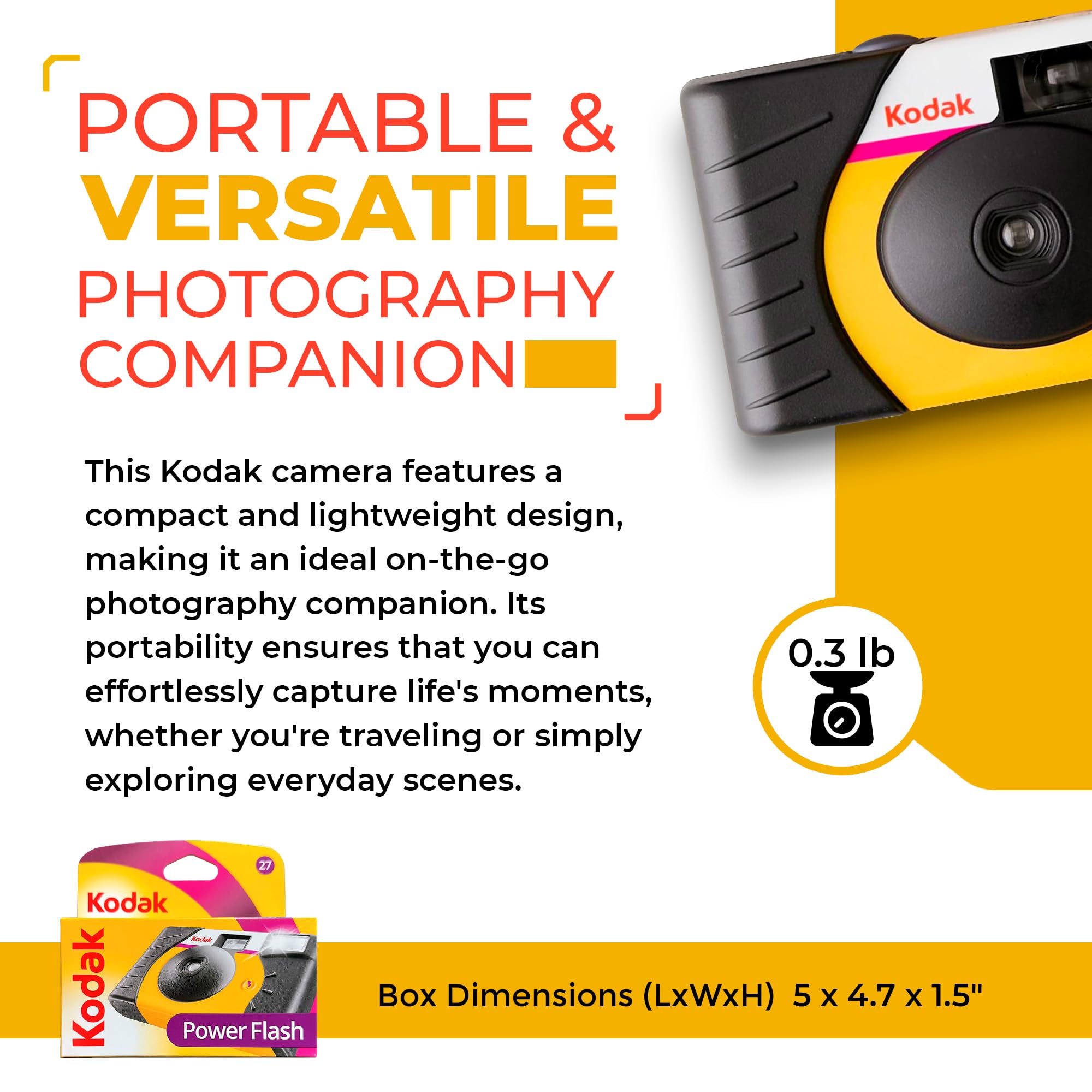 Kodak Disposable Camera Bundle - Single Use Film Camera with Powerflash, ISO 800 35mm Film (27 Exposures) & Microfiber Cloth - Perfect for Weddings, Travel & Parties - USEFILL5 (1 Pack)