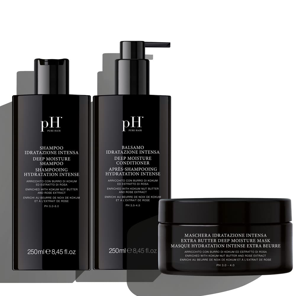 pH PURE HAIR Deep Moisture Shampoo & Conditioner Set with Hair Mask - 8.4oz Shampoo, 8.4oz Conditioner & 6.7oz Extra Butter Mask for Damaged Dry Hair Repair - 3 Piece Hydrating Hair Care Kit for Daily Nourishment & Salon-Quality Results
