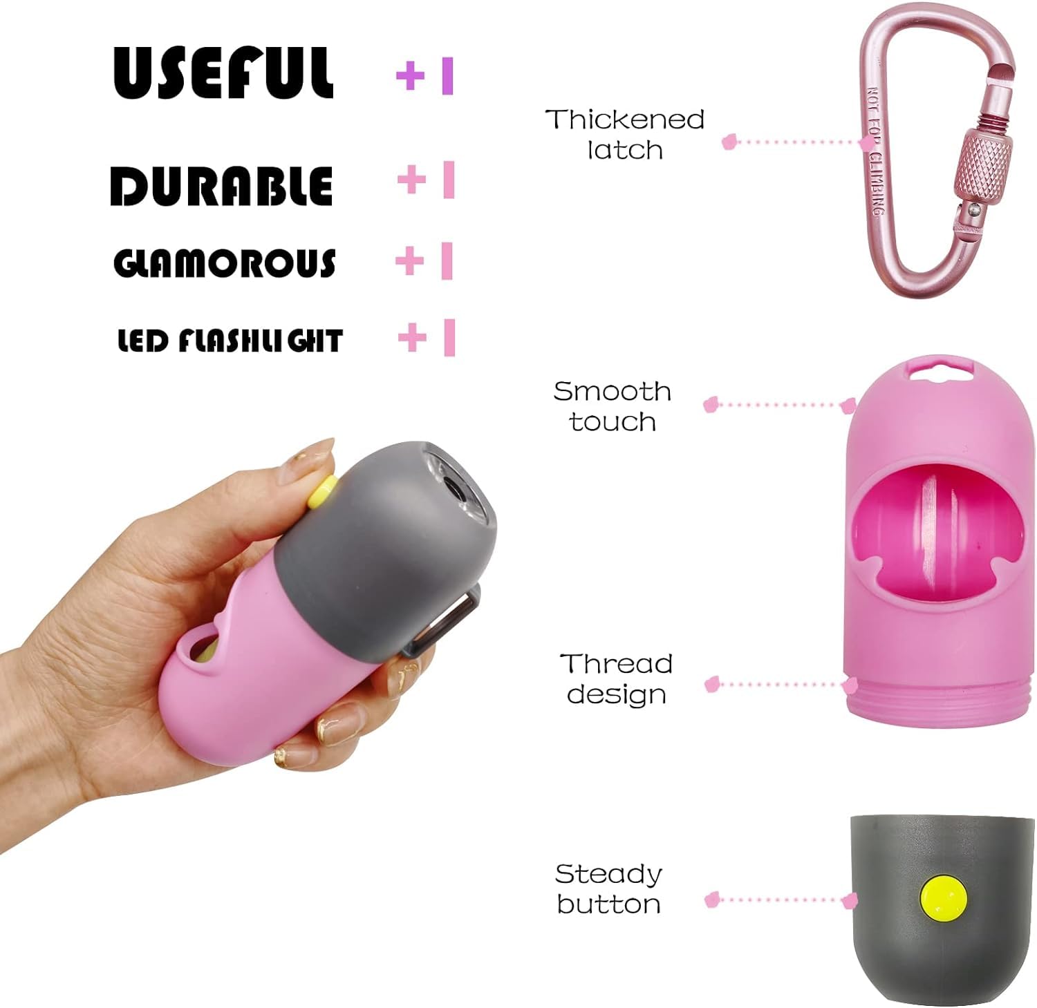 LED Flashlight Dog Poop Bag Holder Dispenser - Leash Attachment for Nighttime Dog Walking (Includes 2 Holders & 30 Waste Bags, Pink) - Perfect for Evening Walks, Park Visits & Outdoor Adventures with Your Pet
