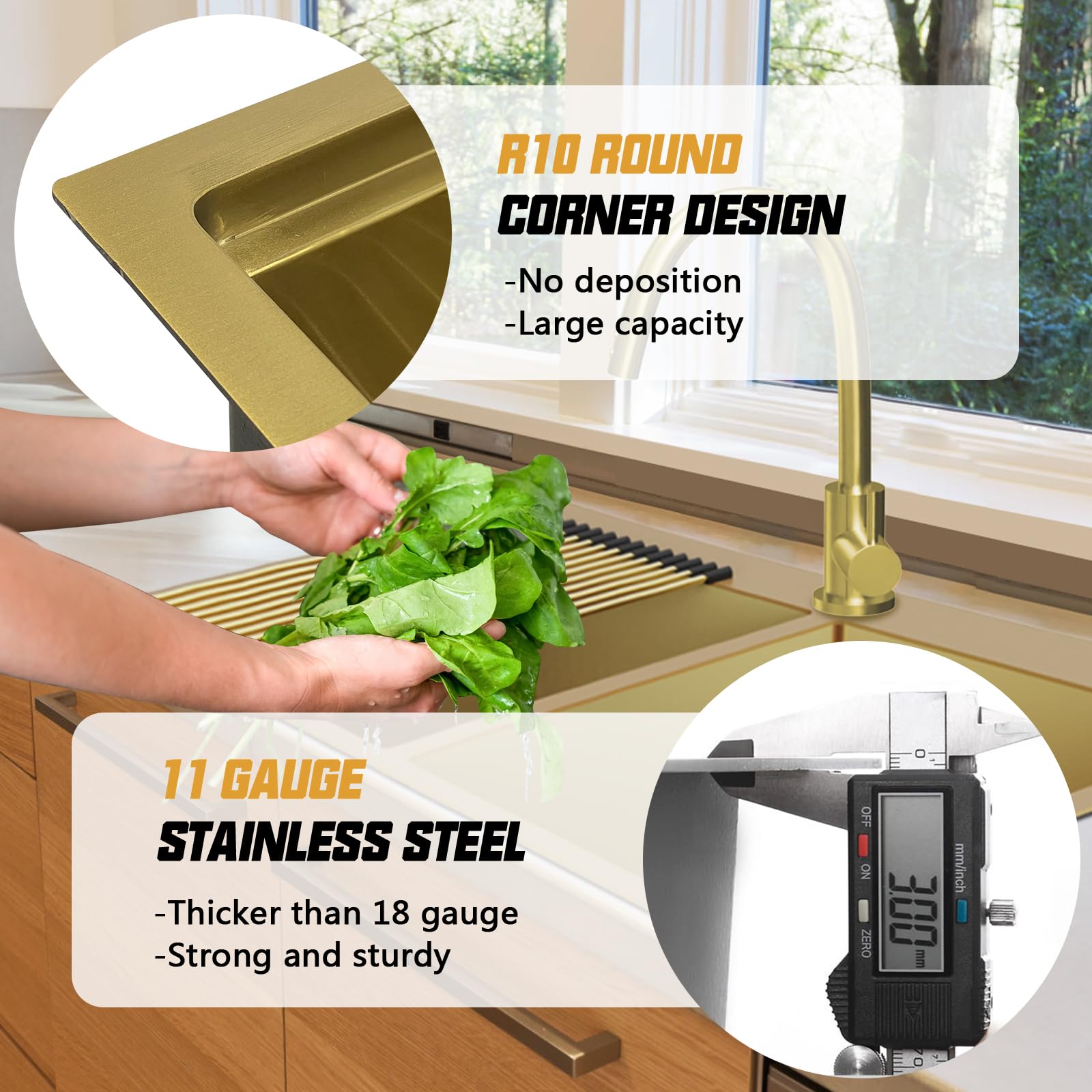 33x22 Inch Gold 50/50 Double Bowl Stainless Steel Drop-In Kitchen Sink with Gold-Tone Accessories - Rack, Grid & Drain Assembly | Modern Luxury Farmhouse & Contemporary Kitchen Upgrade | Perfect for Cooking, Washing & Food Prep