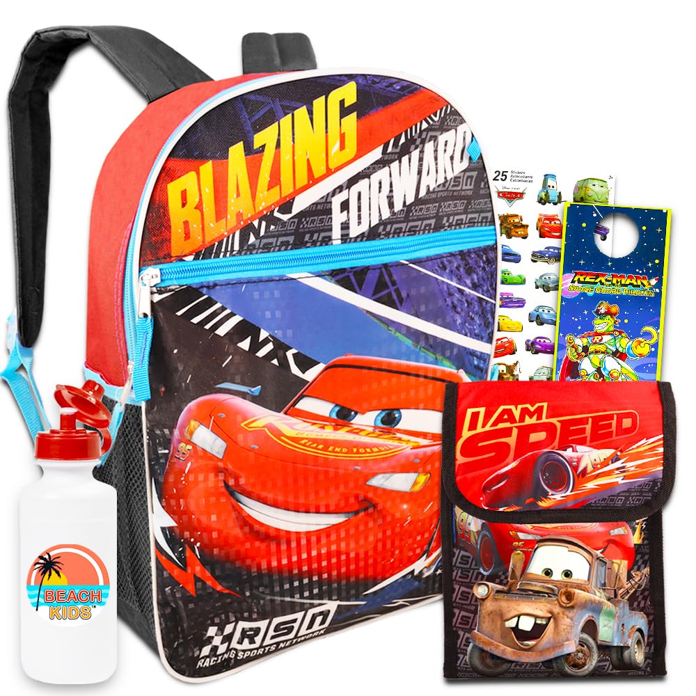 **Disney Cars Backpack and Lunch Box Set for Boys - 16 Inch Insulated School Bag with Water Bottle & Stickers | Kids School Supplies for Daily Use, Travel & Outdoor Activities**