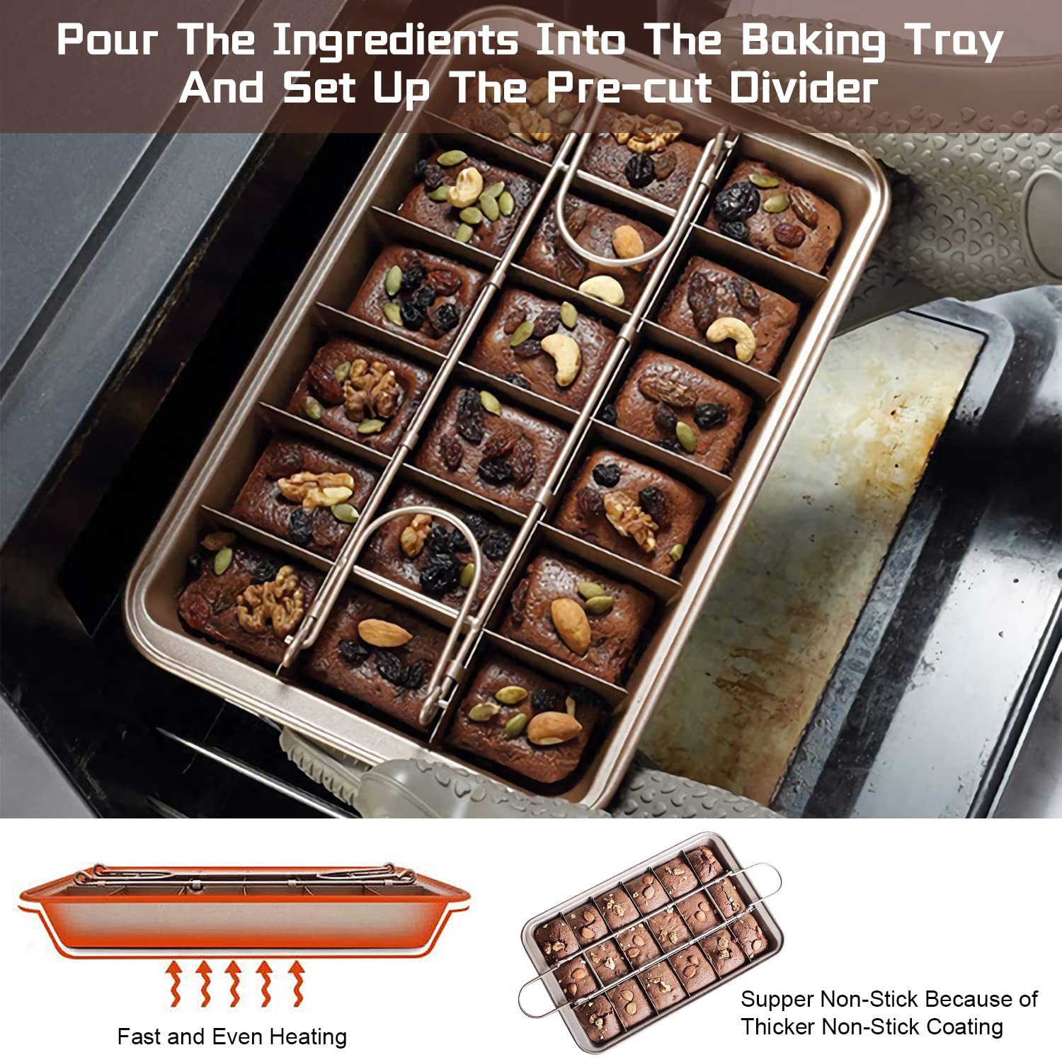 Nonstick Carbon Steel Brownie Pan with Dividers - 18 Pre-Cut Square Baking Molds for Brownies, Cakes, Fudges & Chocolate | Perfect for Home Baking, Parties & Holiday Treats