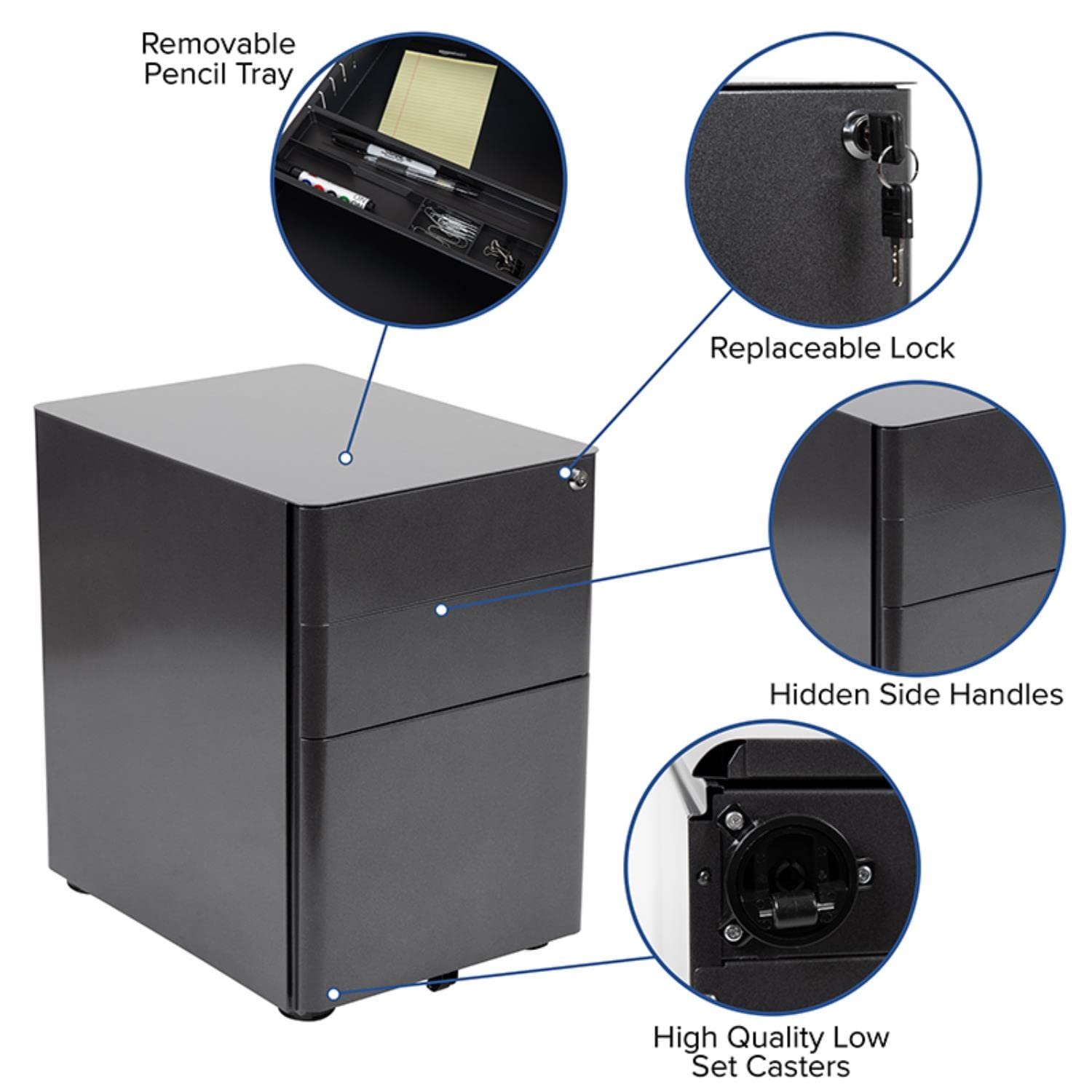 Flash Furniture Warner Modern 3-Drawer Mobile Locking File Cabinet with Anti-Tilt Mechanism - Black Office Storage for Legal & Letter Files - Perfect for Home Office, Corporate Workspaces & Document Organization
