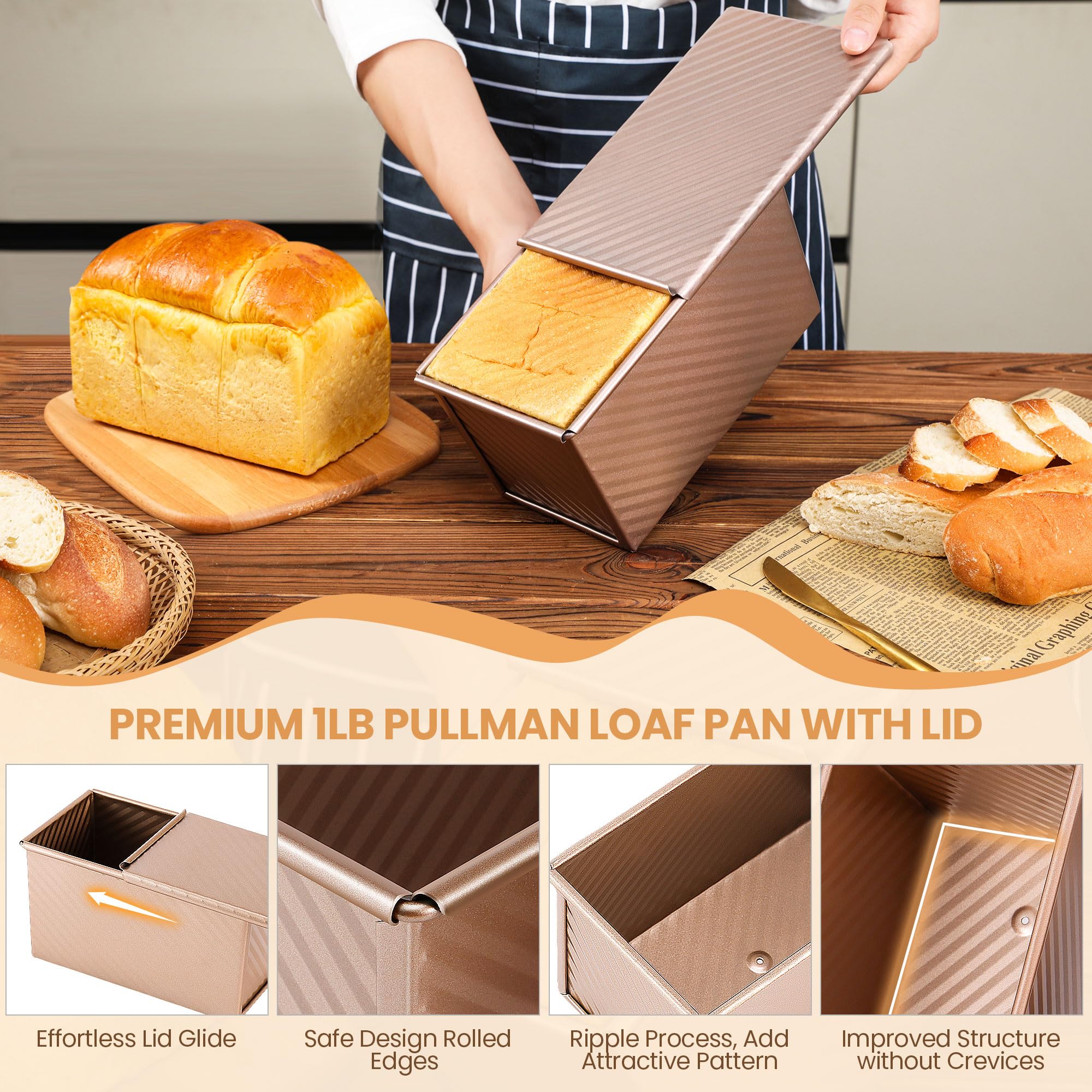 Premium Pullman Loaf Pan with Lid - 1 lb Nonstick Bread Baking Pan for Homemade Sandwich Bread | Heavy Duty Carbon Steel Bakeware with Corrugated Design | Perfect for Artisan Bread, Sourdough & Sandwich Loaves