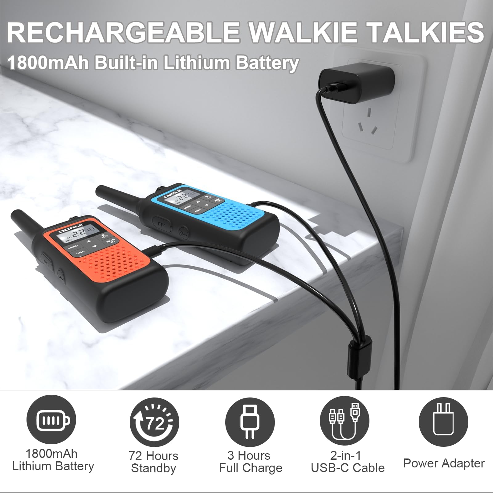 Long Range Rechargeable Walkie Talkies for Adults - 2 Pack Two Way Radios with 22 FRS Channels, NOAA Weather Alert, Noise Reduction & LED Flashlight (1800mAh Battery) - Ideal for Hiking, Camping, Emergencies & Outdoor Adventures