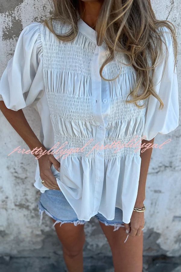 Solid Color Round Neck Button Pleated Short Sleeve Casual Shirt for Women - Summer Office Wear & Weekend Outfits